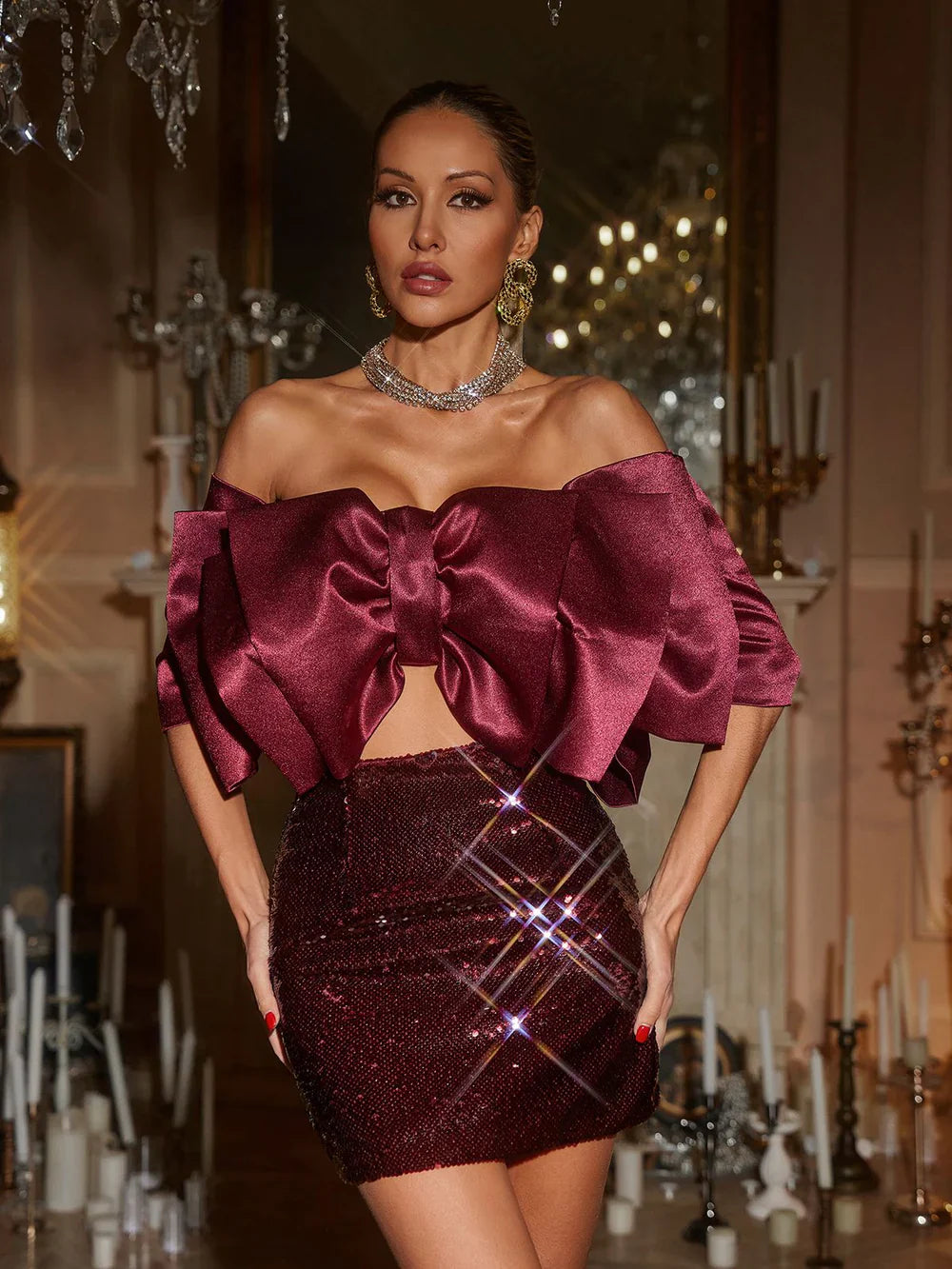 Bellatrix Off Shoulder Bow Sequin Skirt Set
