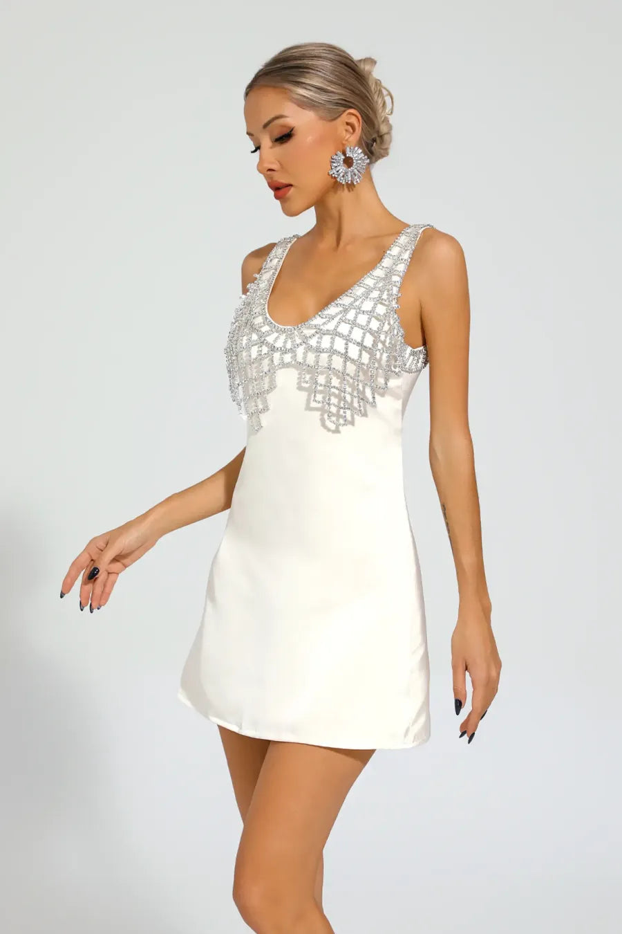 Hale White Embellished Sleeveless Mini Dress