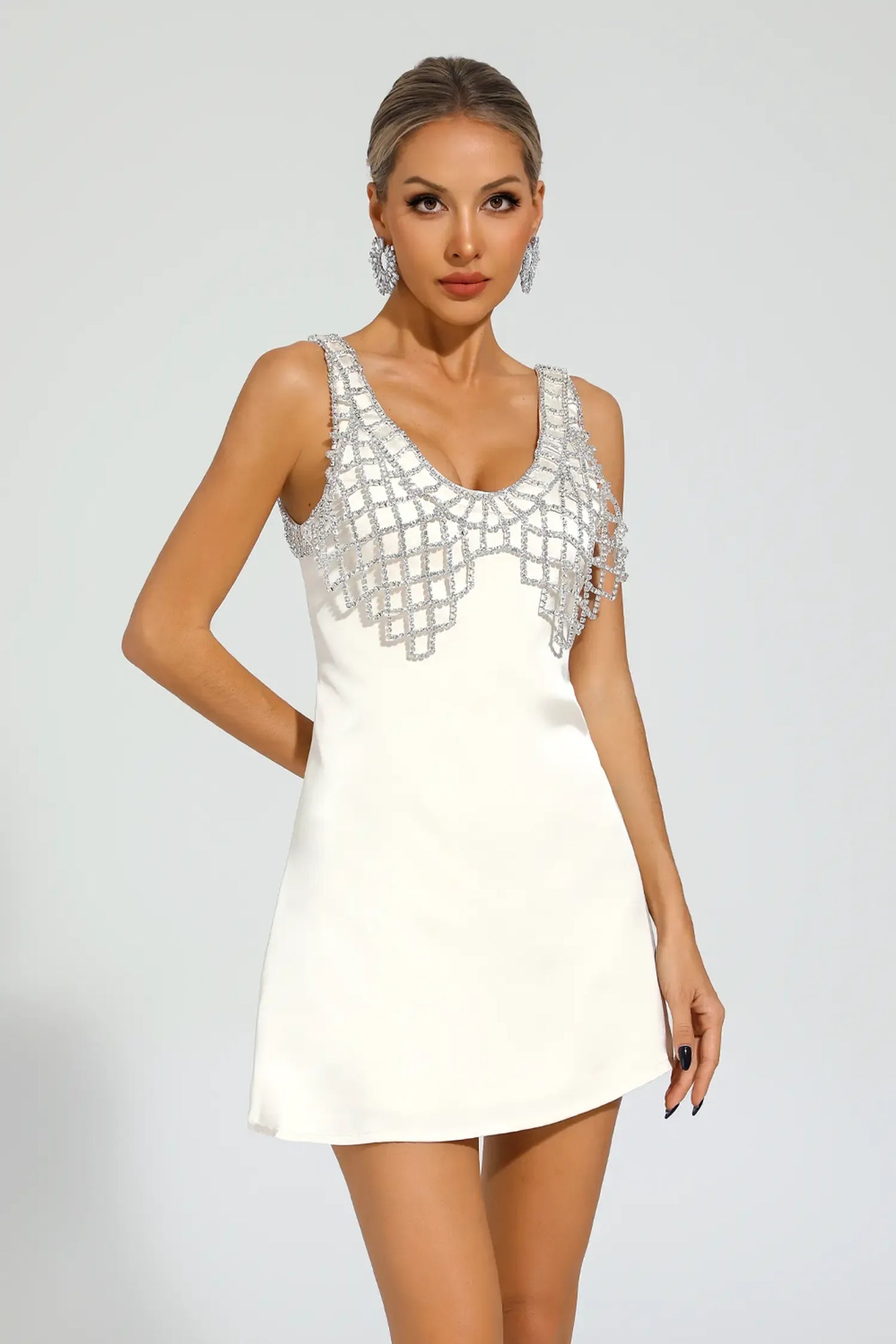 Hale White Embellished Sleeveless Mini Dress