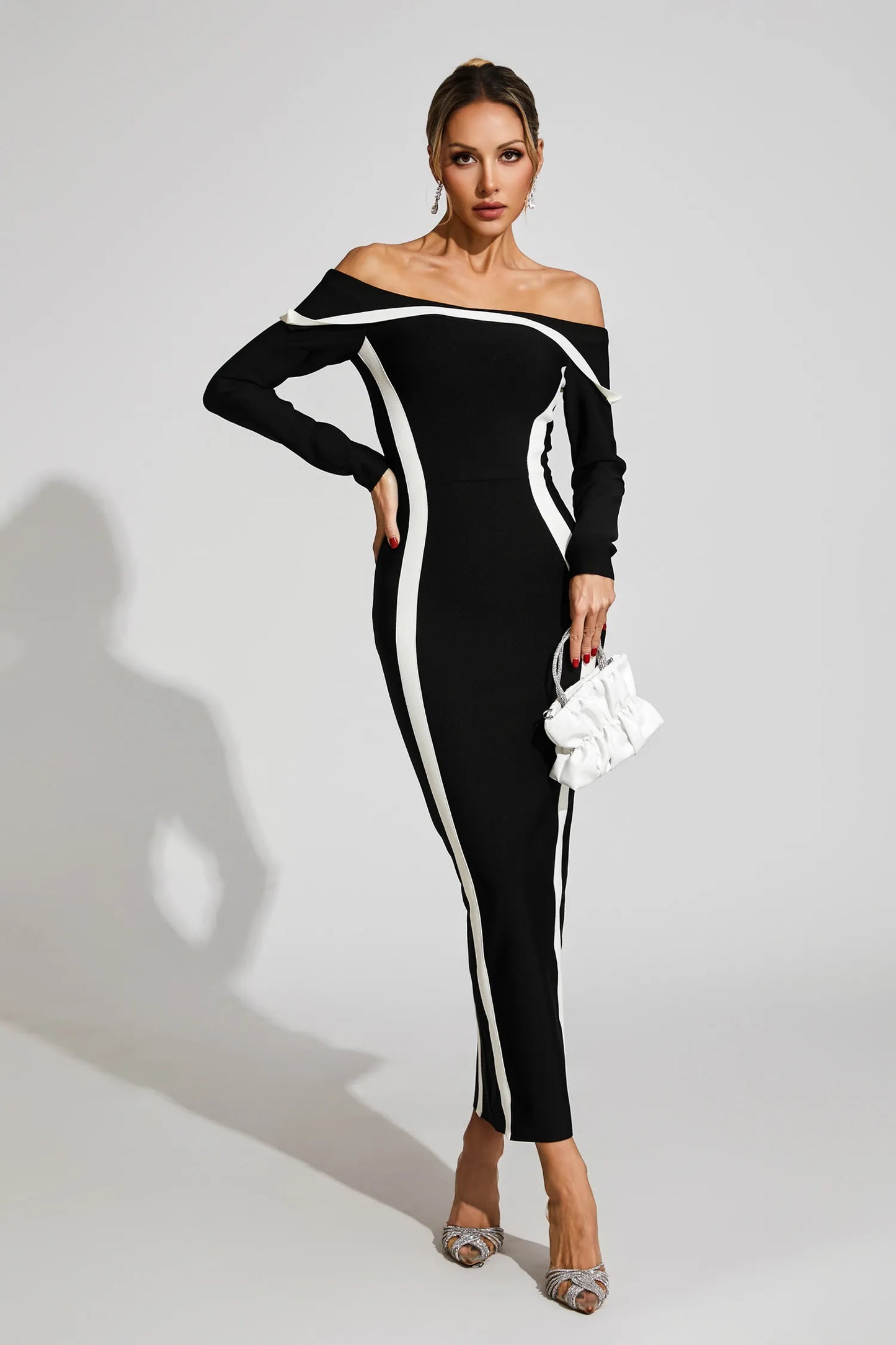 Selestia Black Off Shoulder Bandage Maxi Dress