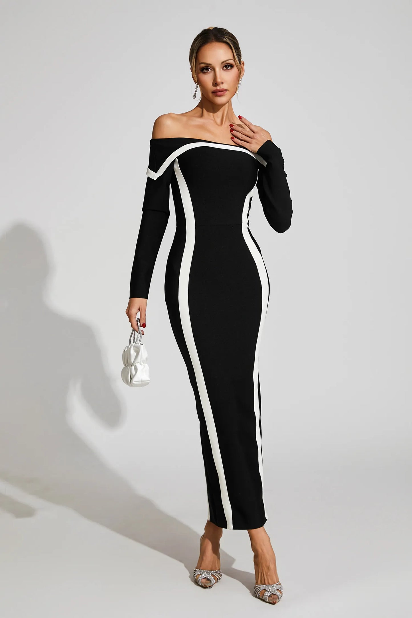 Selestia Black Off Shoulder Bandage Maxi Dress