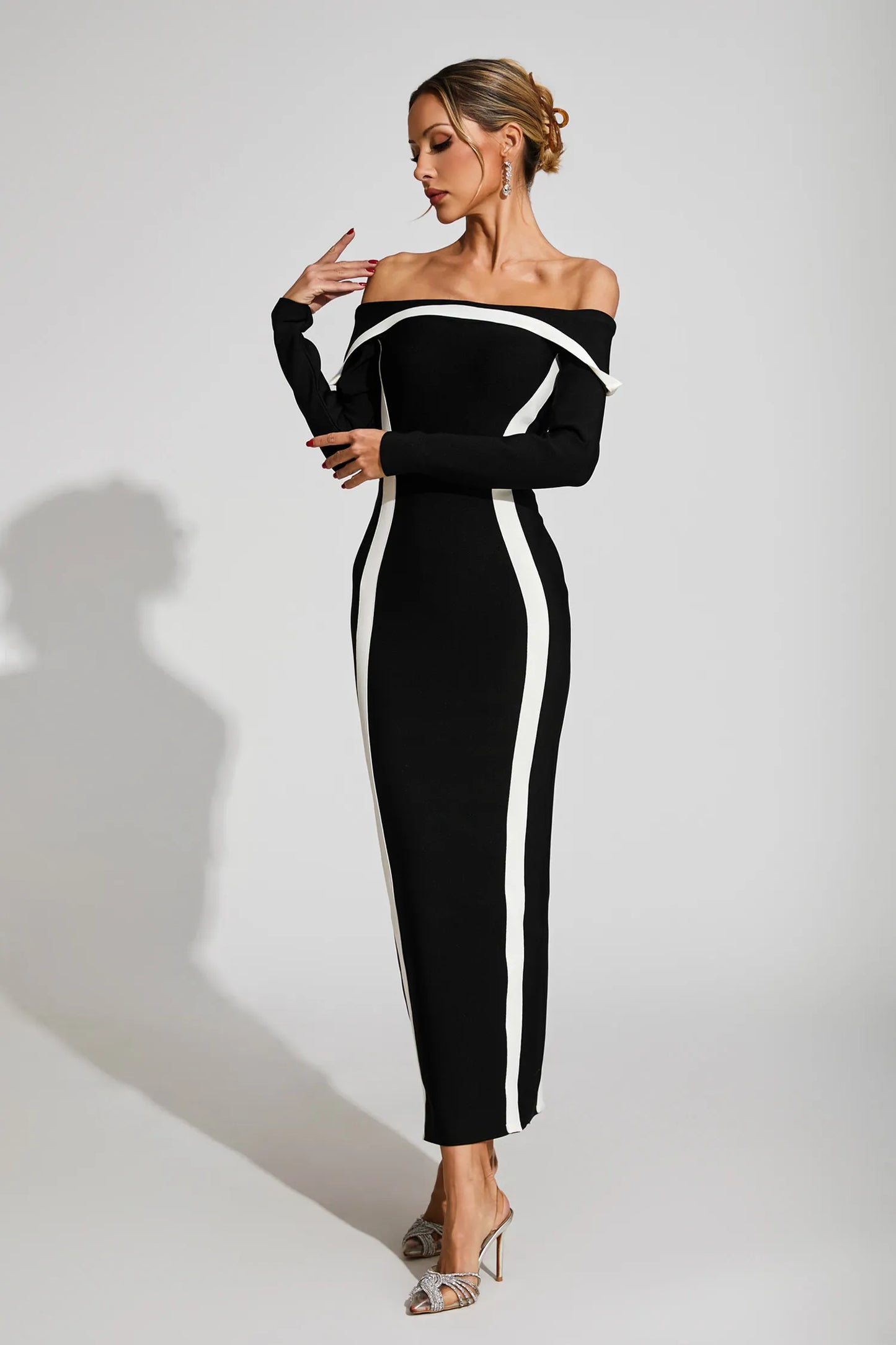 Selestia Black Off Shoulder Bandage Maxi Dress