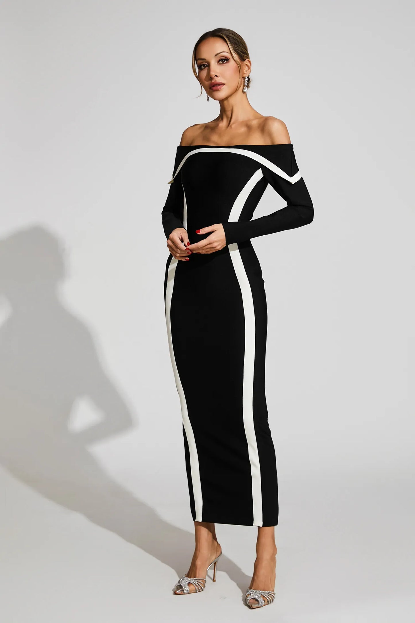 Selestia Black Off Shoulder Bandage Maxi Dress