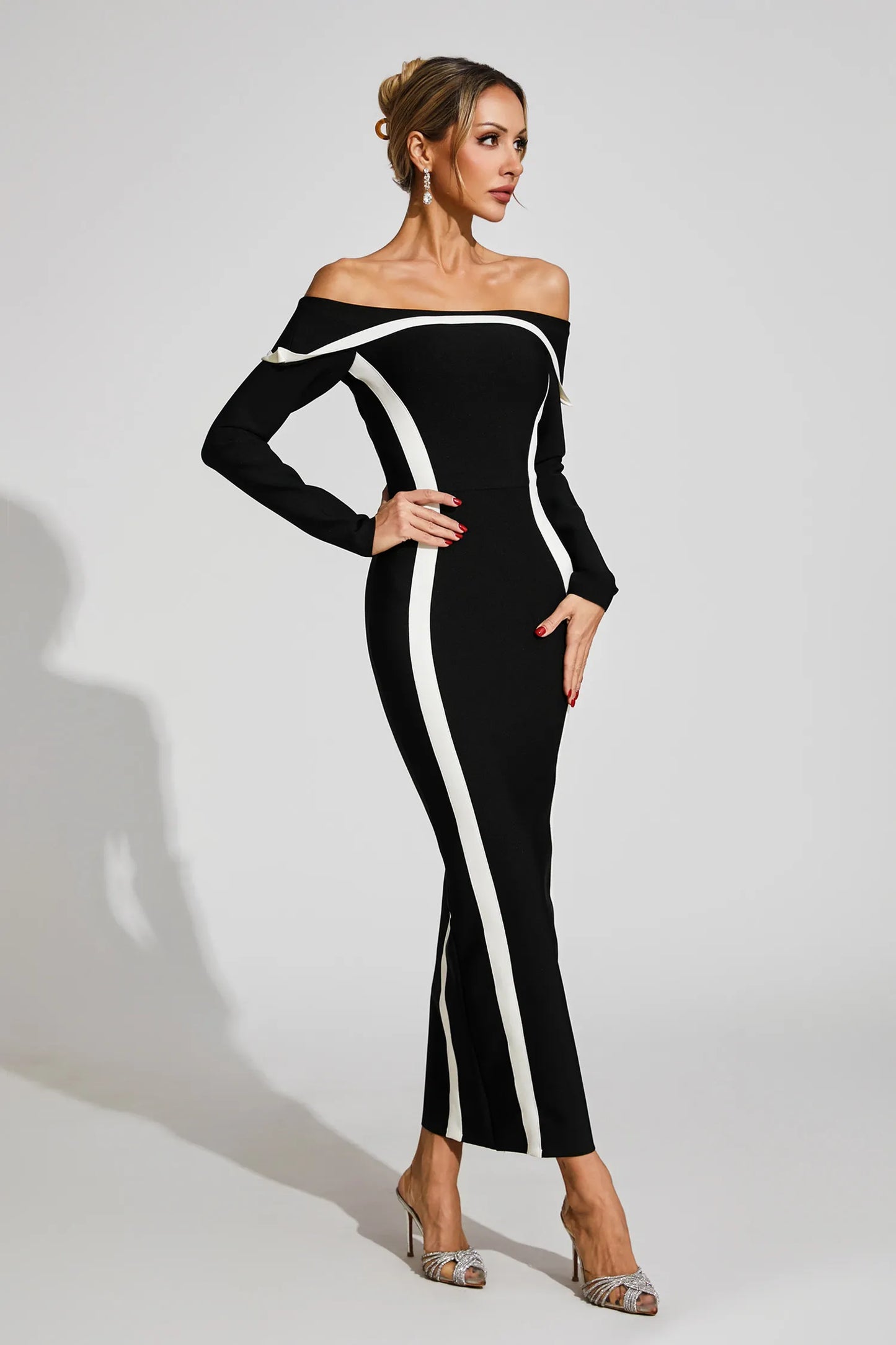 Selestia Black Off Shoulder Bandage Maxi Dress