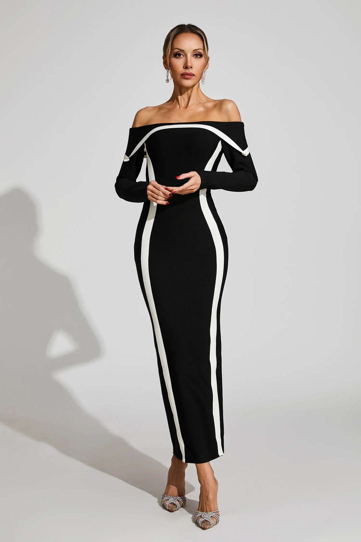 Selestia Black Off Shoulder Bandage Maxi Dress