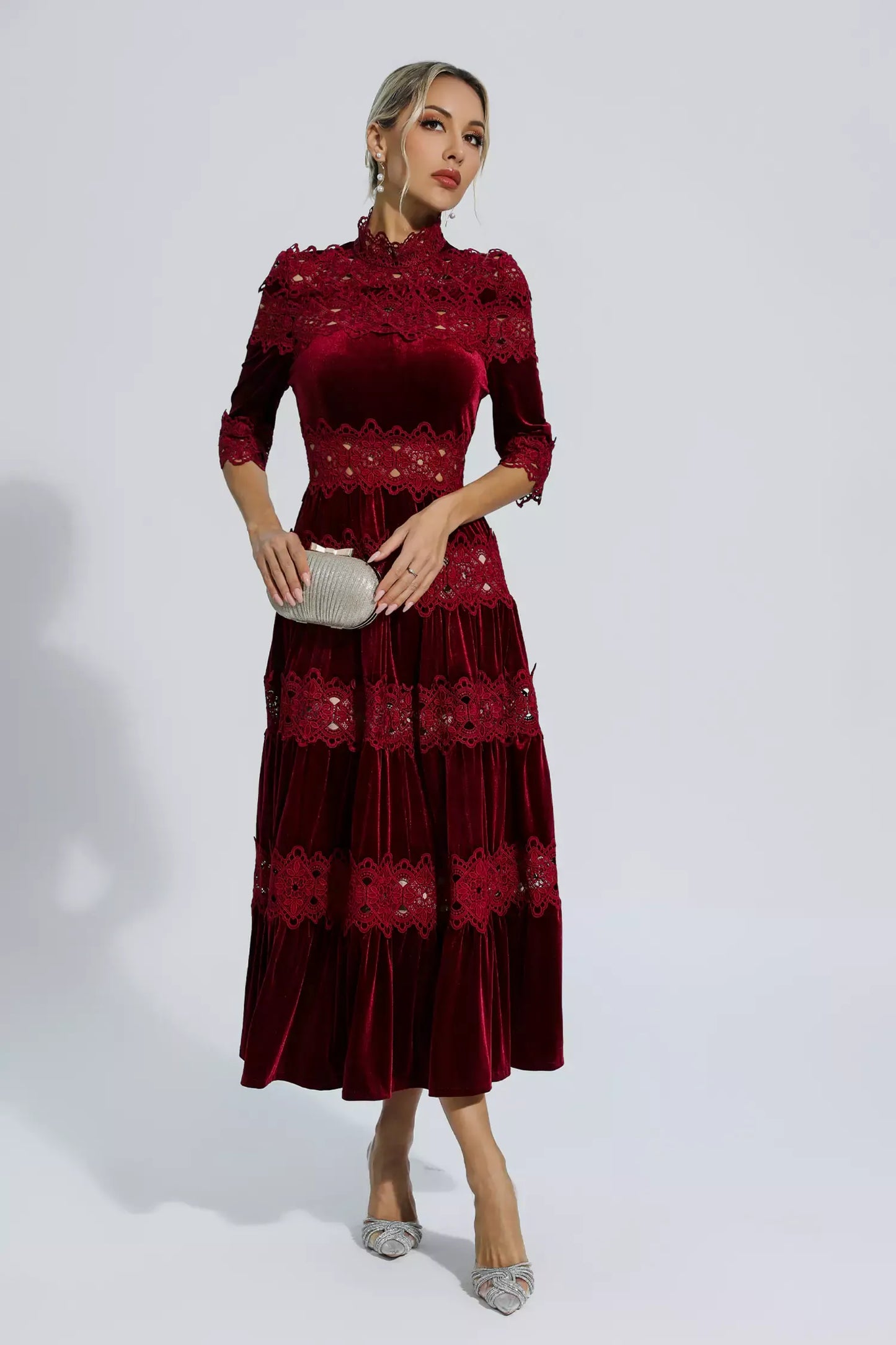 Henley Wine Red Cut Out Long Sleeve Maxi Dress