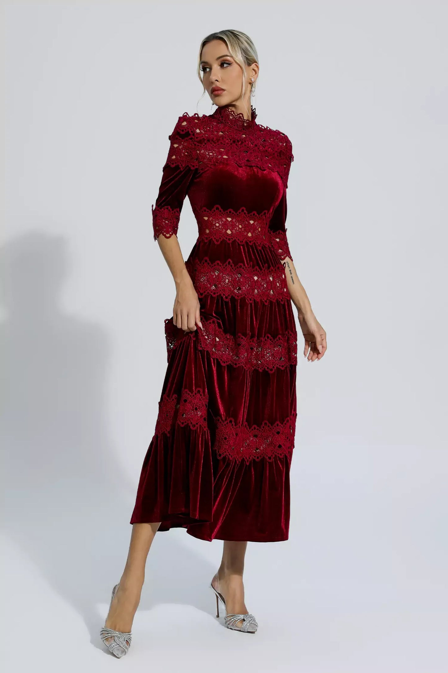 Henley Wine Red Cut Out Long Sleeve Maxi Dress