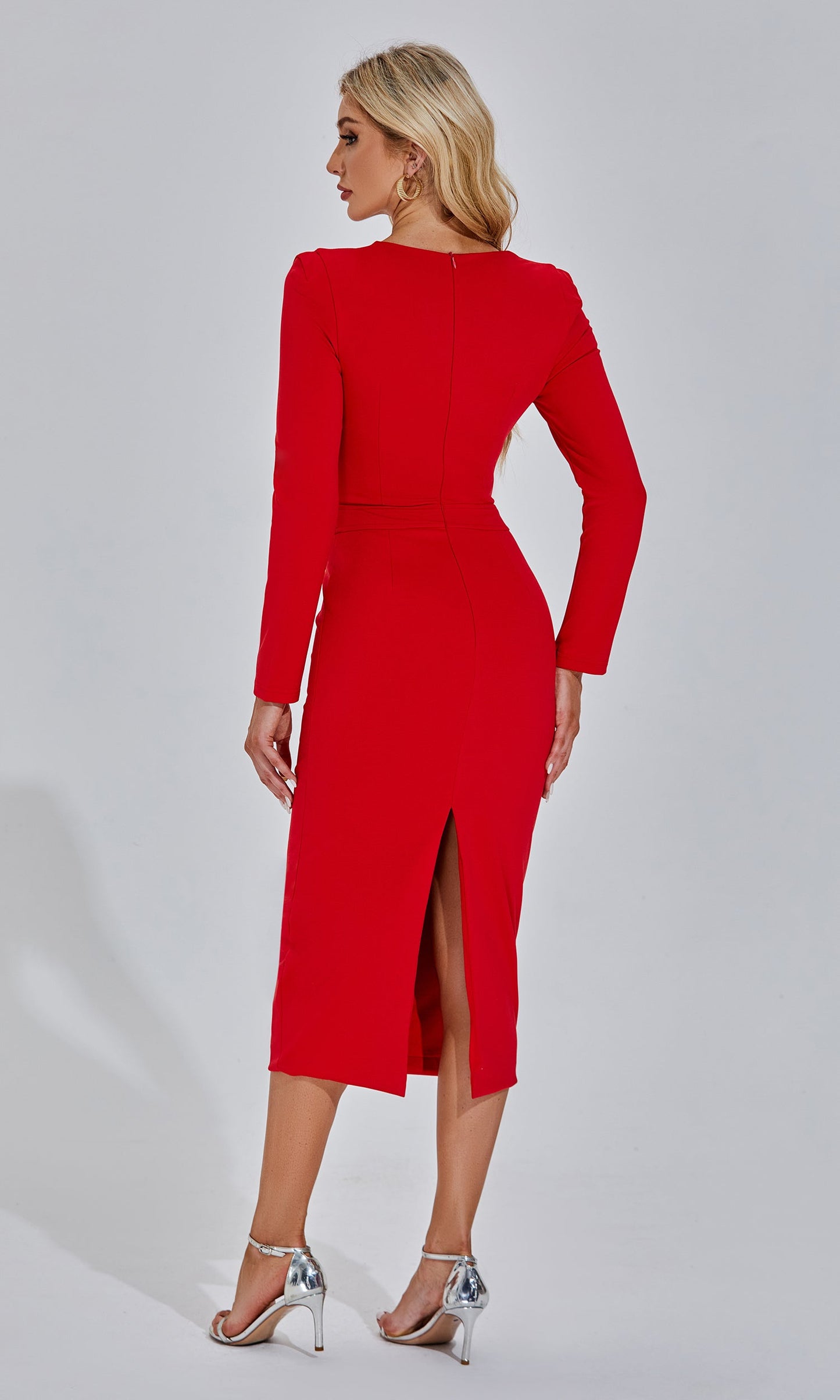 Roline Long Sleeve red midi dress