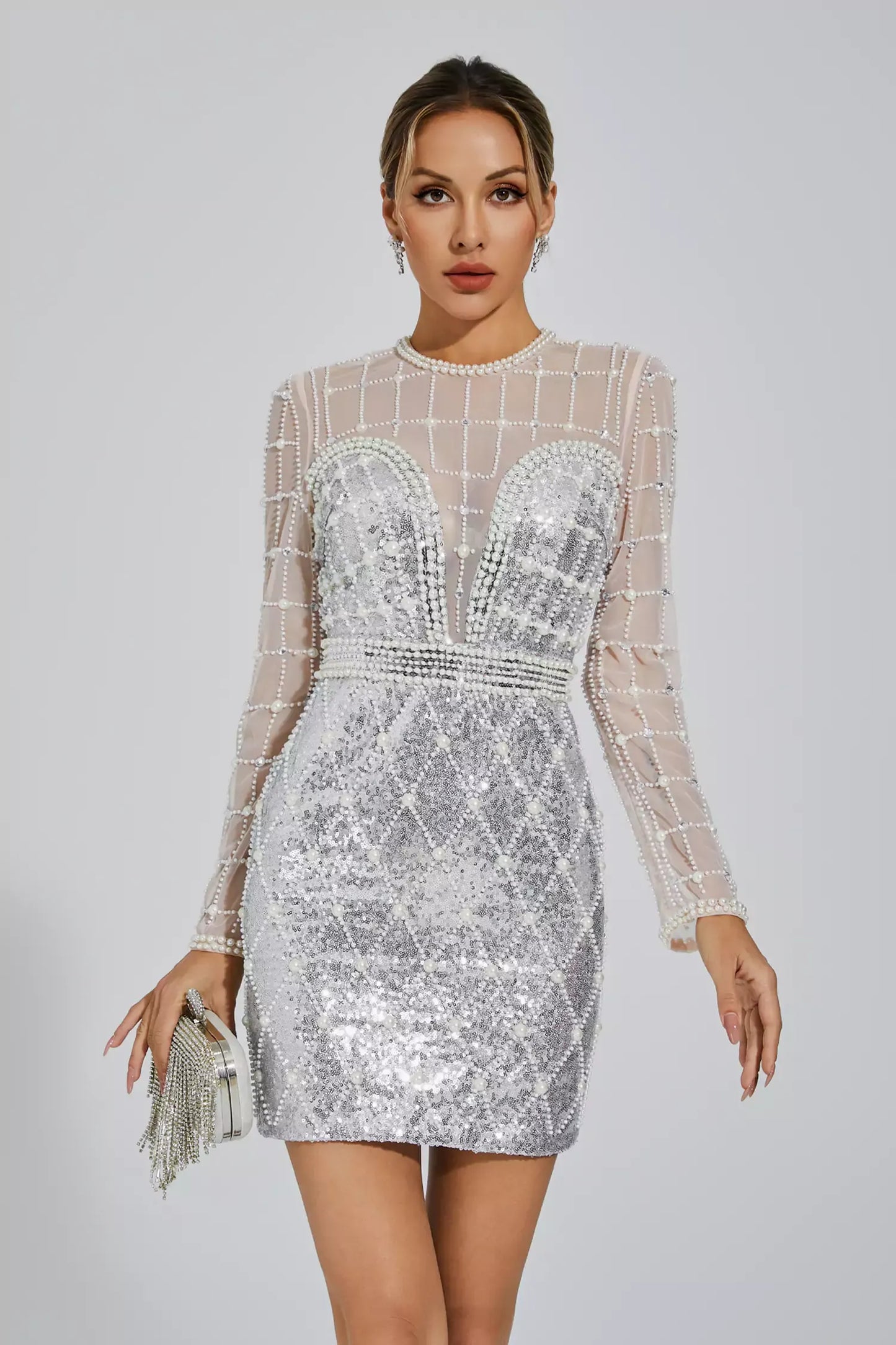 Iliana Silver Pearl Embellished Sequin Mini Dress