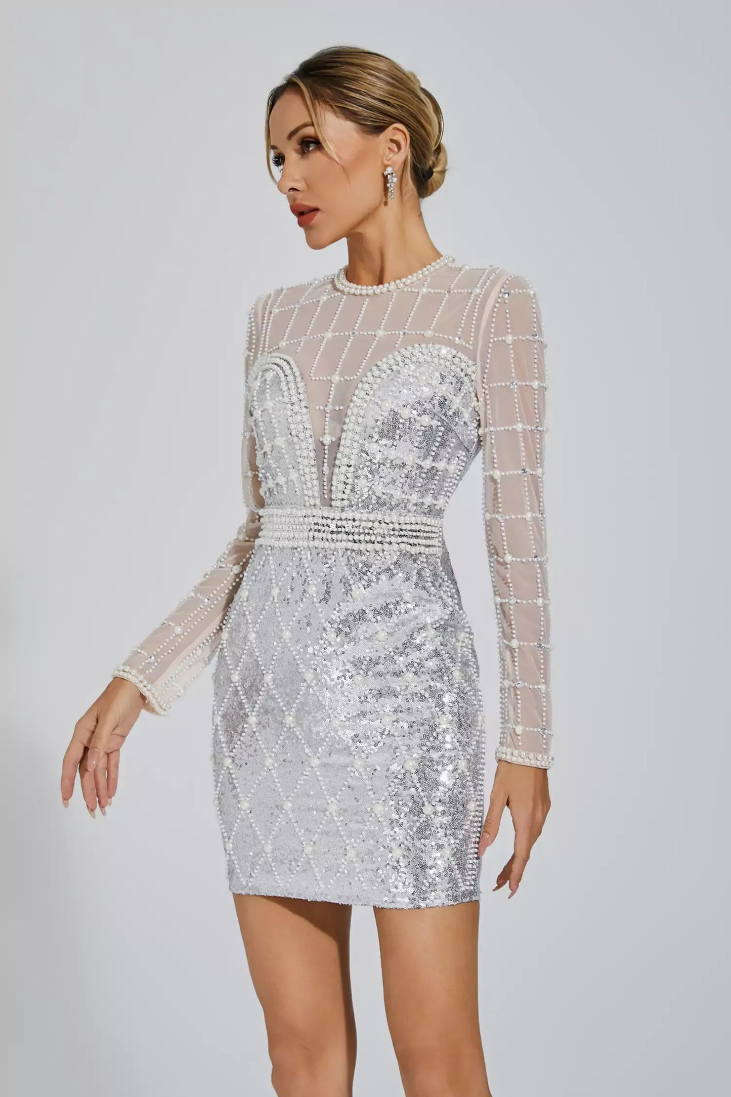 Iliana Silver Pearl Embellished Sequin Mini Dress