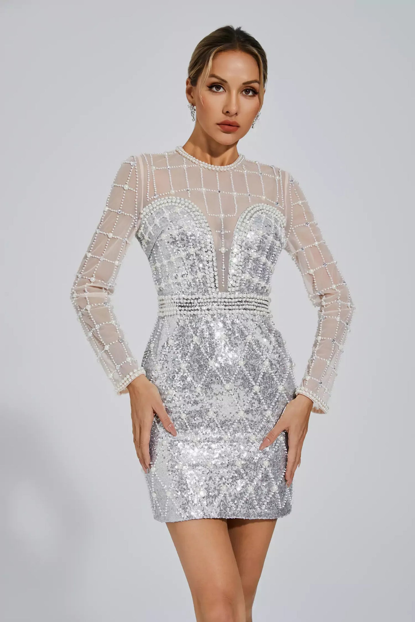 Iliana Silver Pearl Embellished Sequin Mini Dress