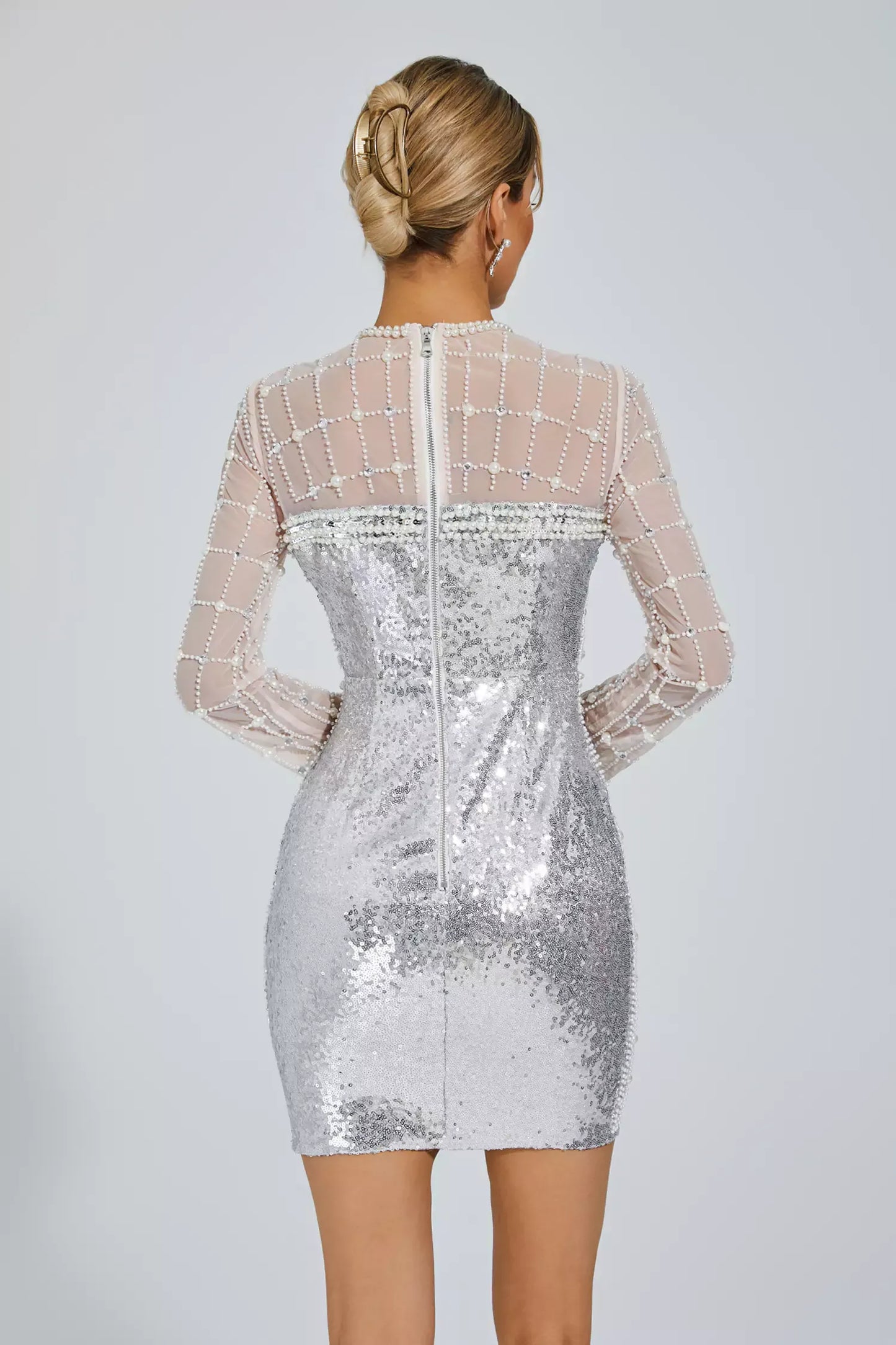 Iliana Silver Pearl Embellished Sequin Mini Dress