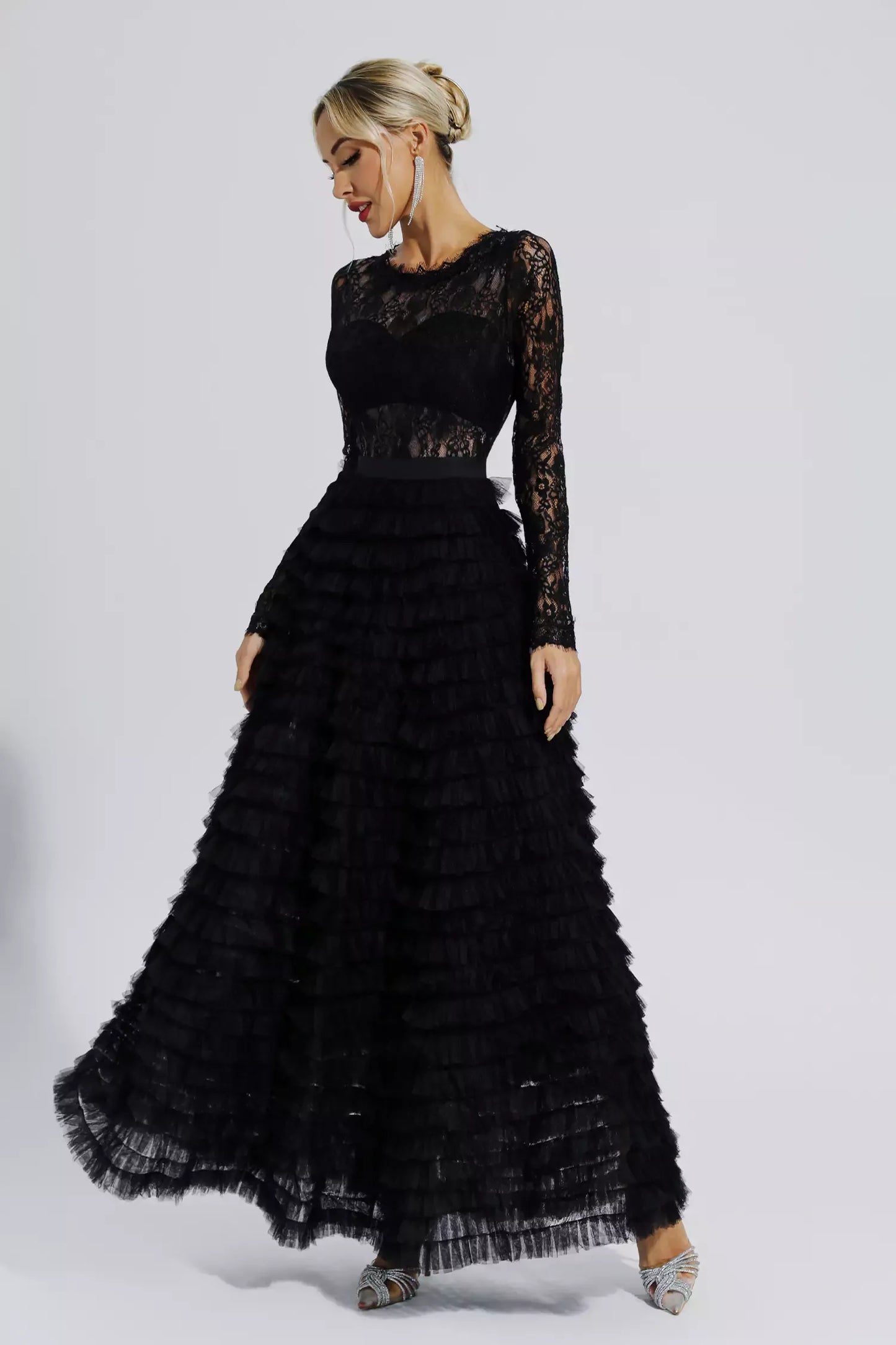 Jayleen Black Hollow Lace A-line Maxi Dress