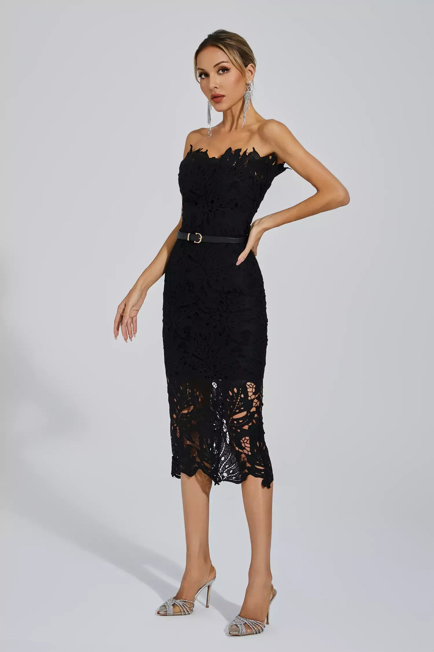 Jazlyn Black Floral Lace Midi Dress