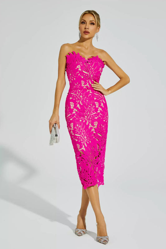 Jazlyn Pink Floral Lace Midi Dress