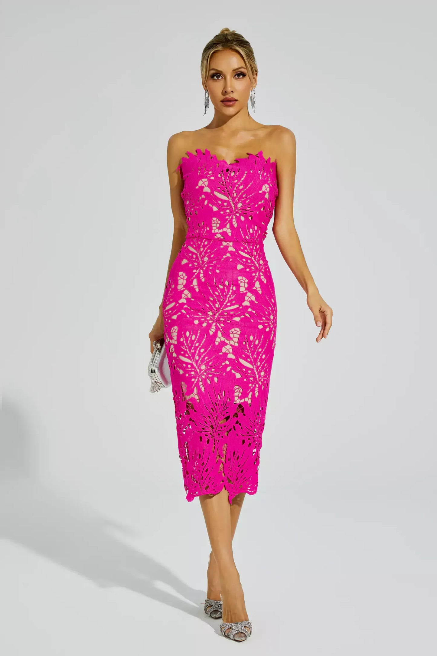 Jazlyn Pink Floral Lace Midi Dress