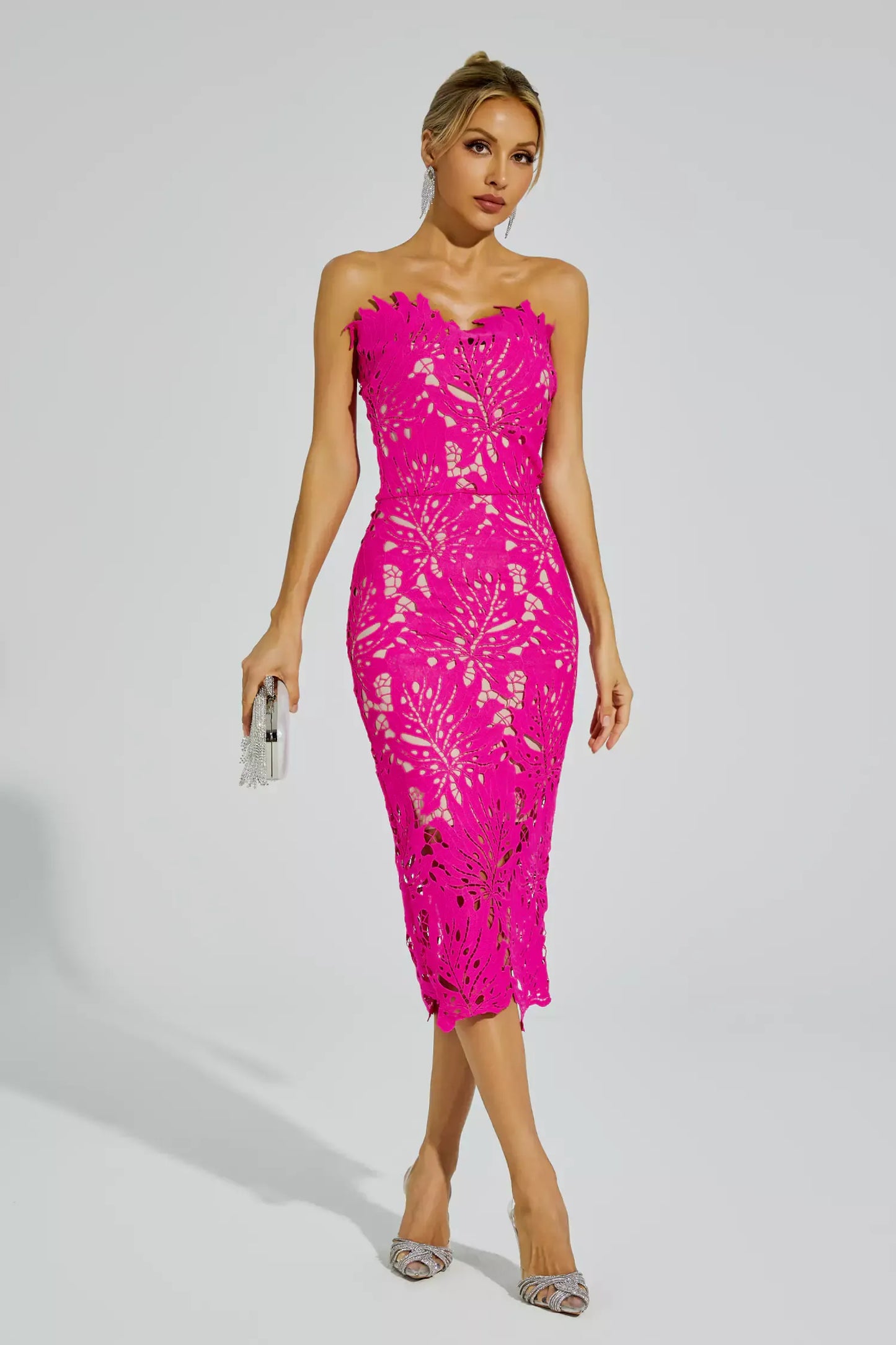 Jazlyn Pink Floral Lace Midi Dress