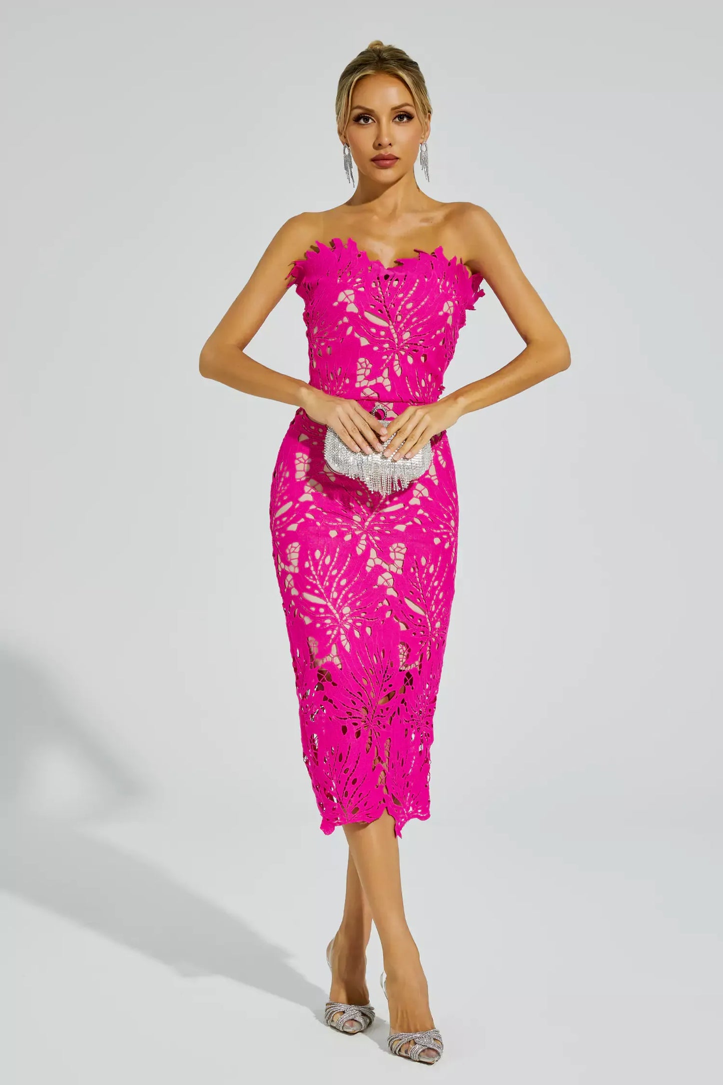 Jazlyn Pink Floral Lace Midi Dress