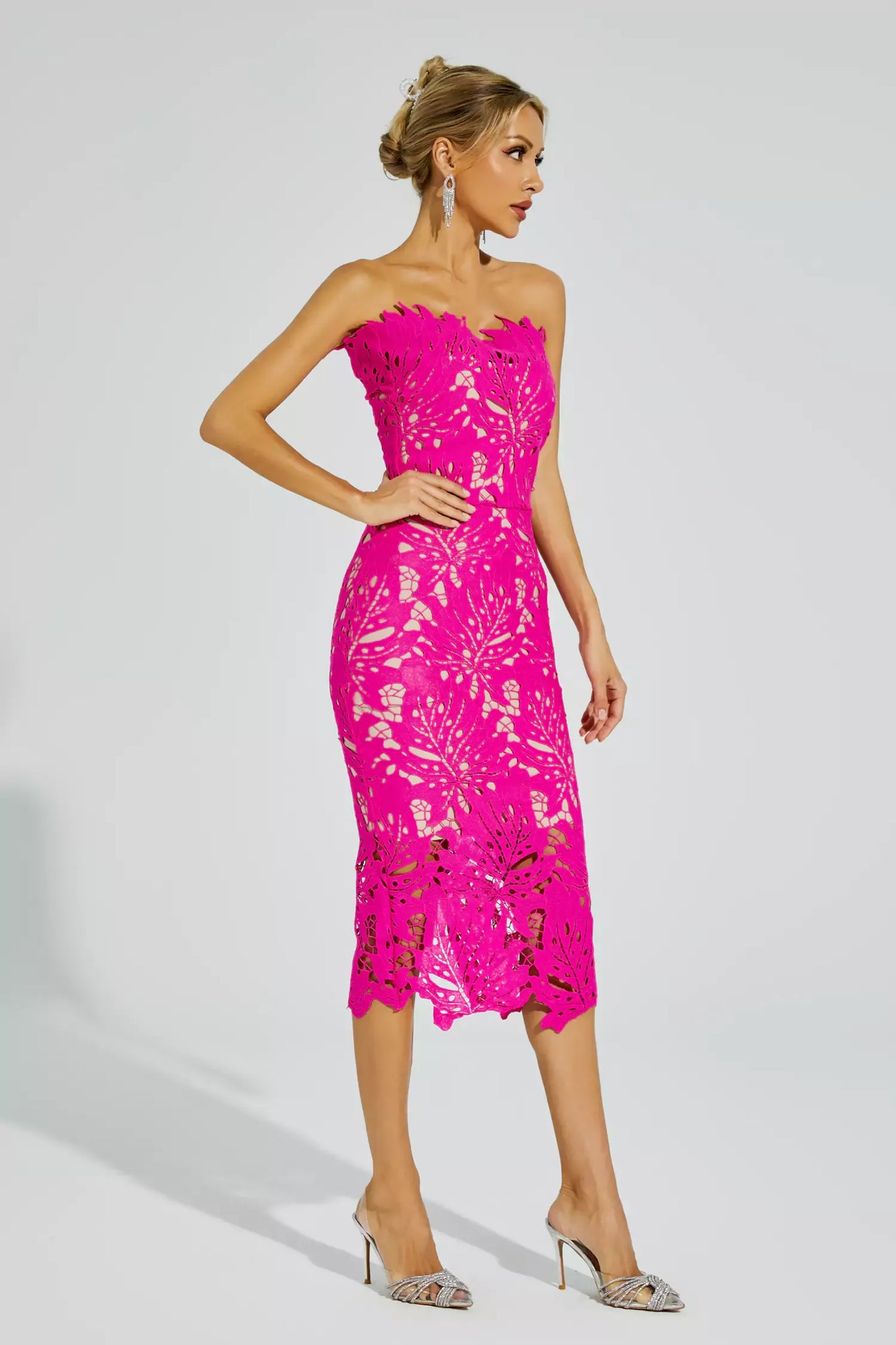 Jazlyn Pink Floral Lace Midi Dress