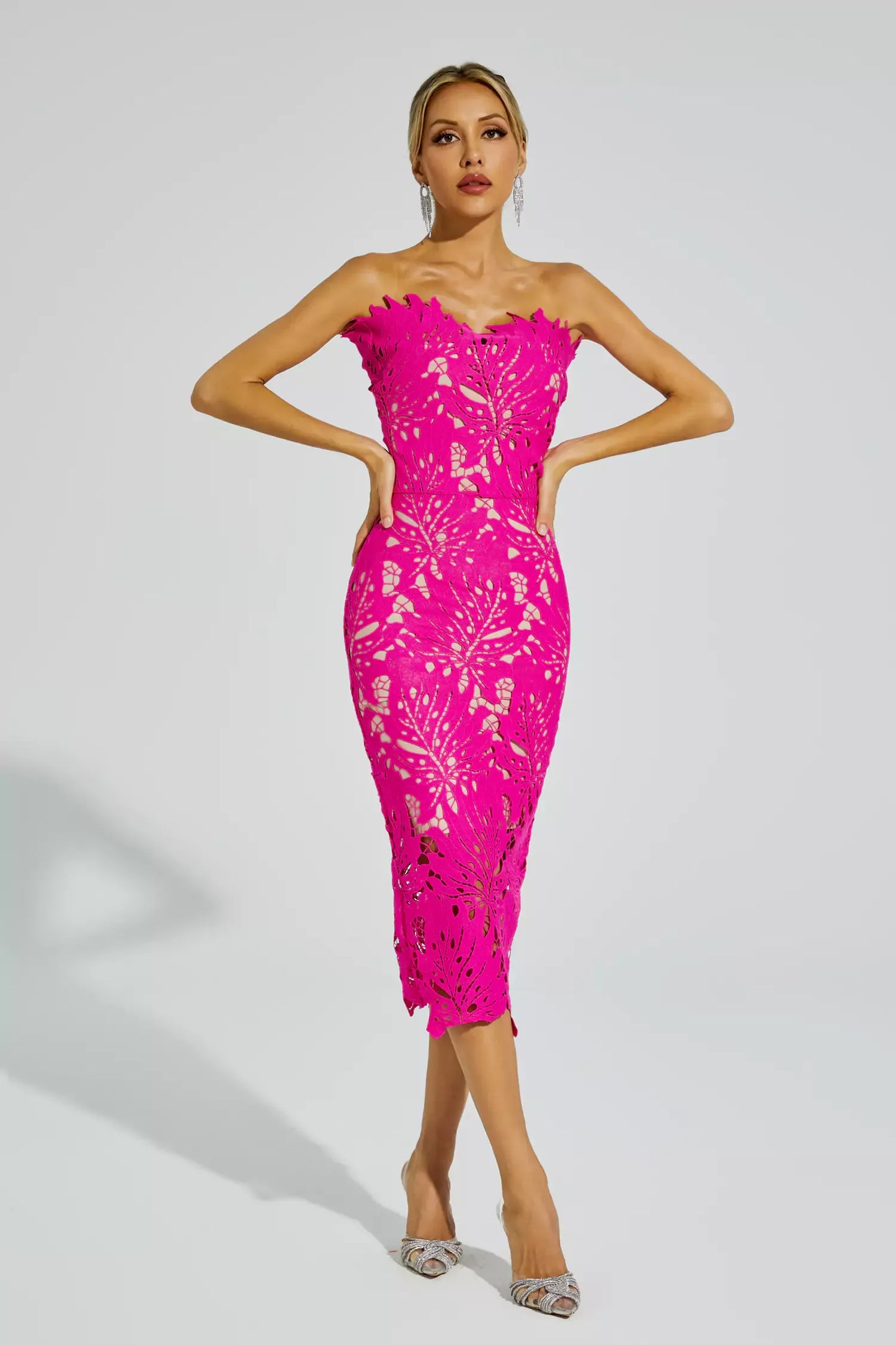 Jazlyn Pink Floral Lace Midi Dress