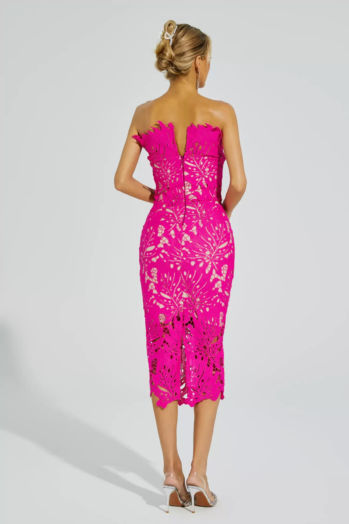 Jazlyn Pink Floral Lace Midi Dress