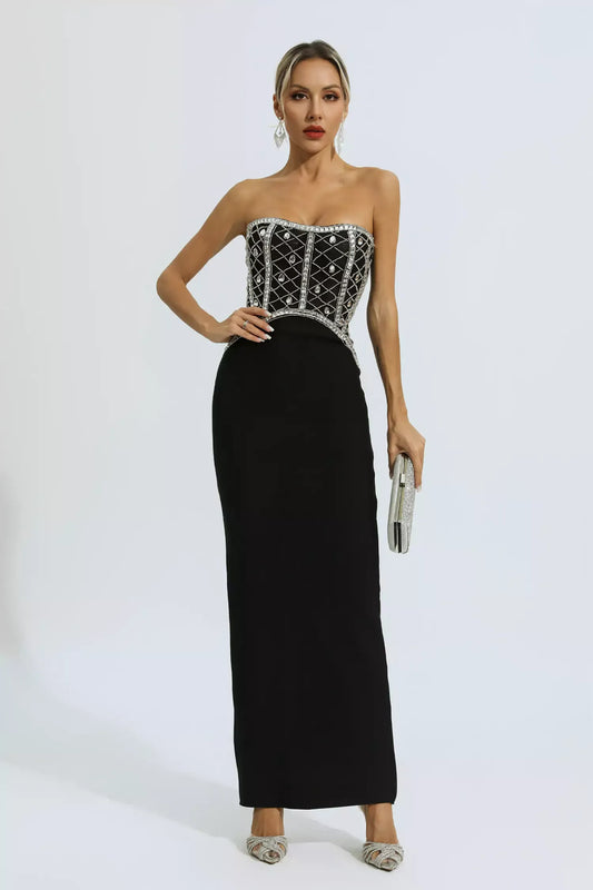 Jolie Black Beading Bandage Maxi Dress