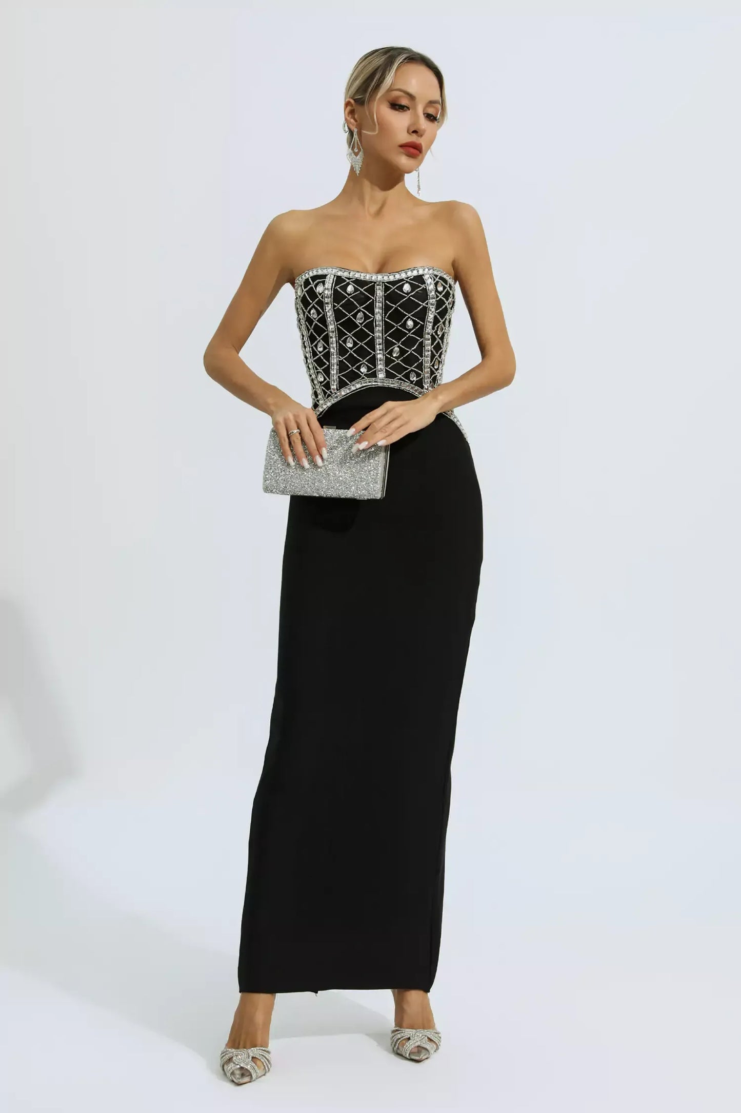 Jolie Black Beading Bandage Maxi Dress