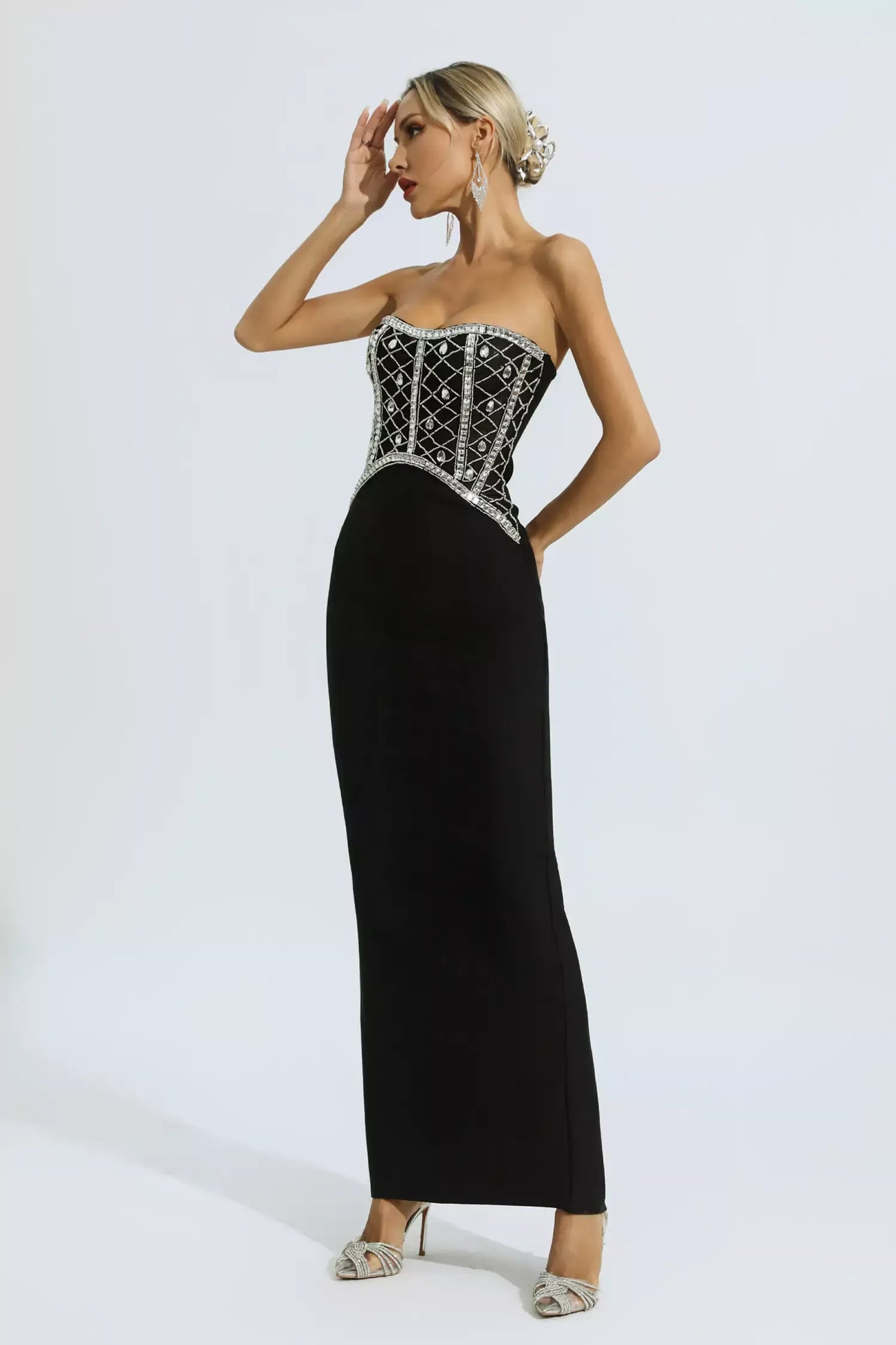 Jolie Black Beading Bandage Maxi Dress