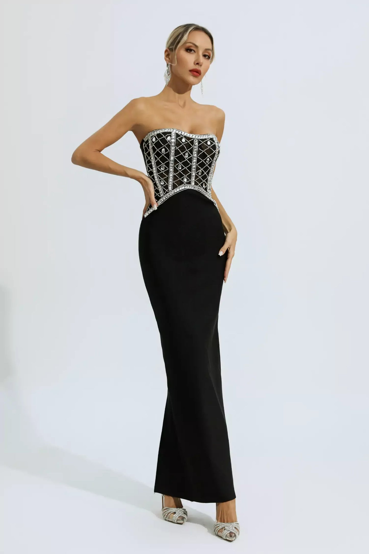 Jolie Black Beading Bandage Maxi Dress