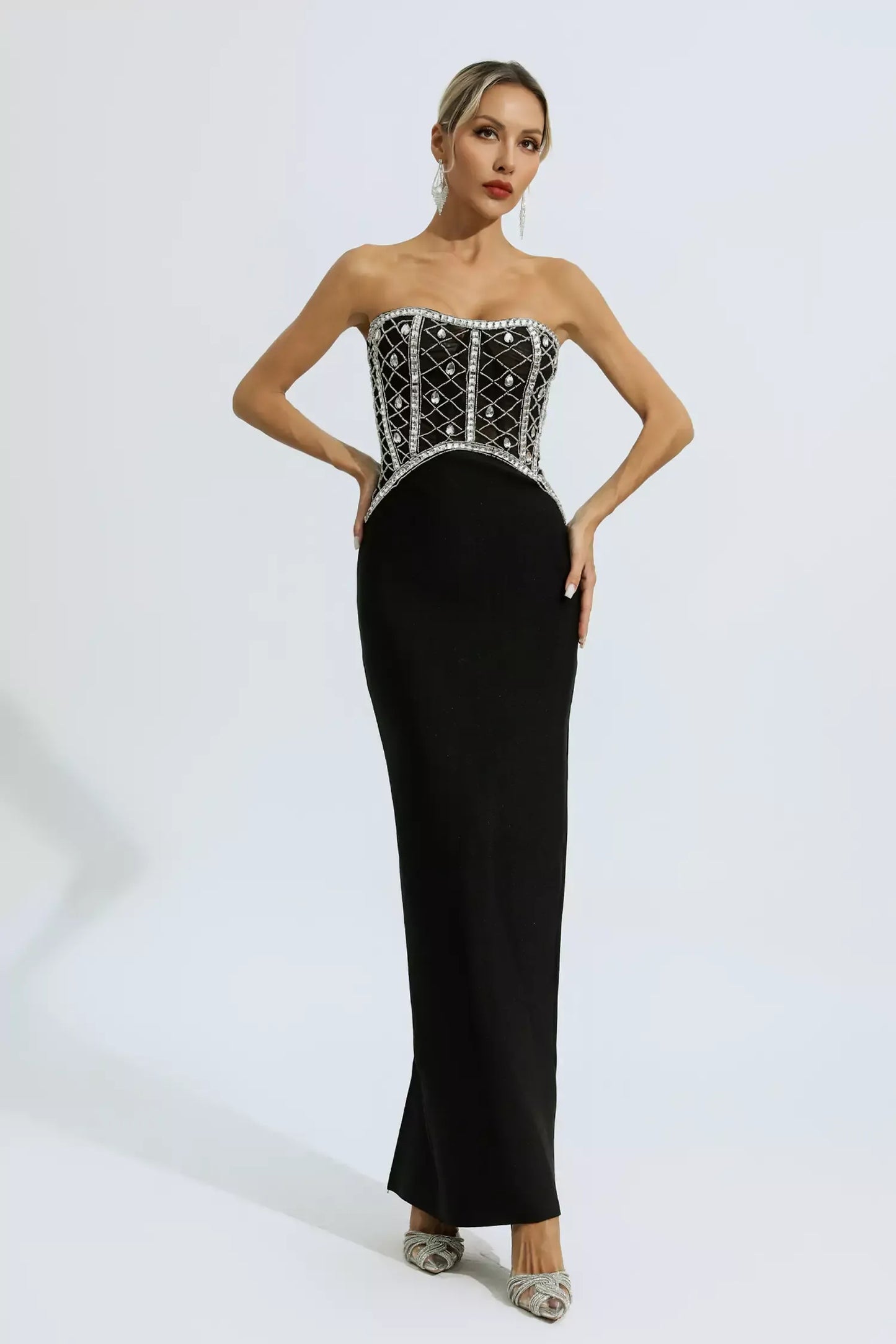 Jolie Black Beading Bandage Maxi Dress