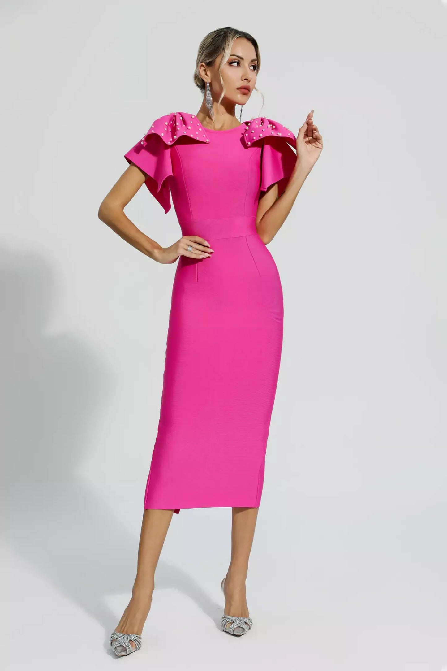 Naku Pink Knitted Embellished Midi Dress