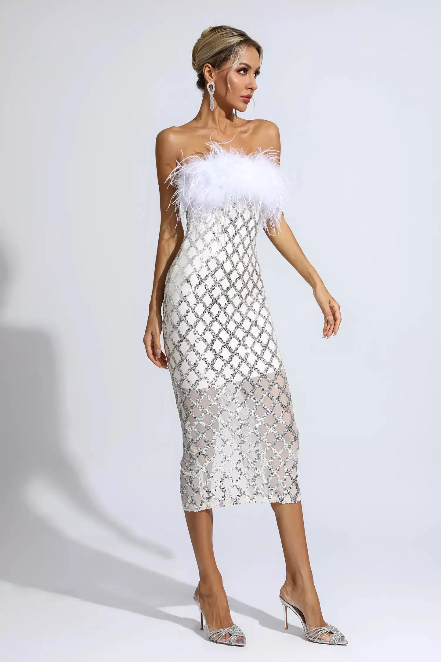 Kayleigh White Feather Sequin Midi Dress