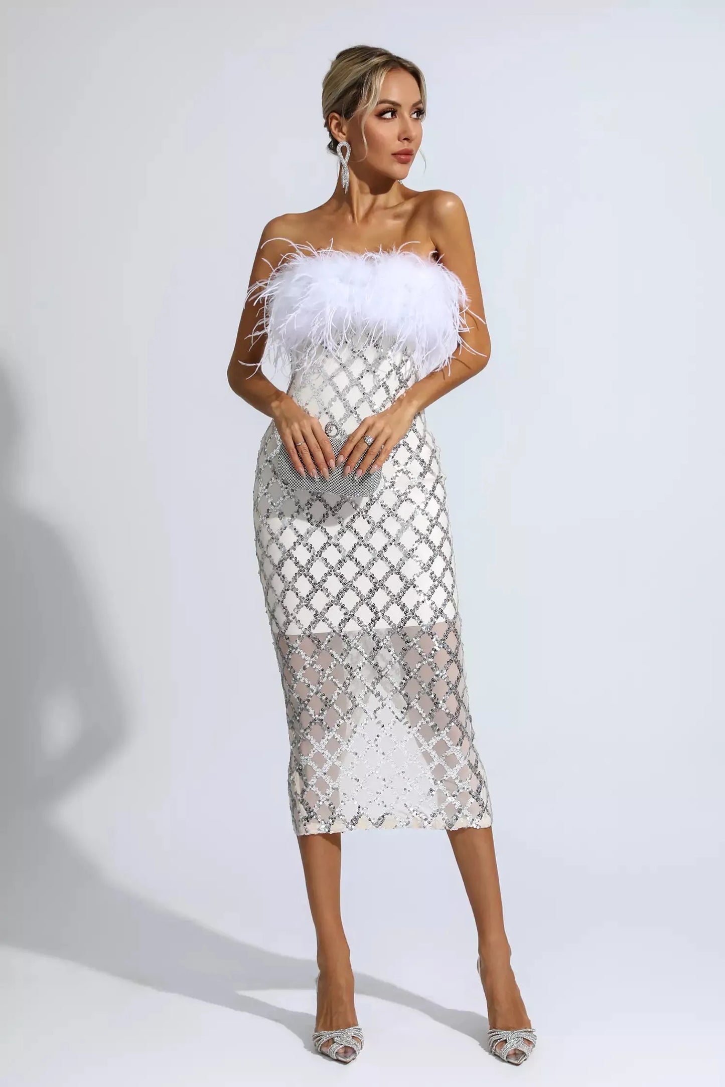 Kayleigh White Feather Sequin Midi Dress