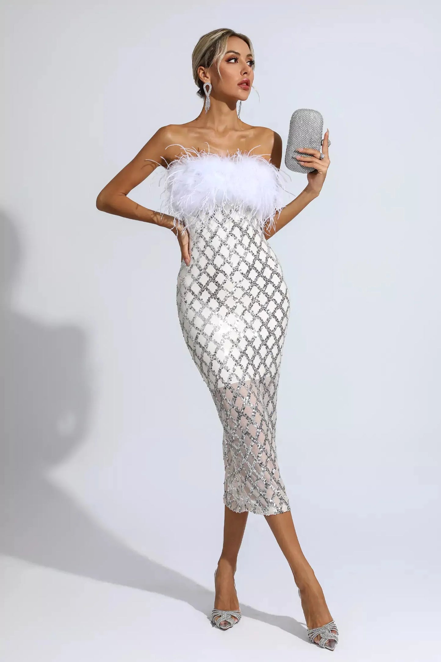 Kayleigh White Feather Sequin Midi Dress