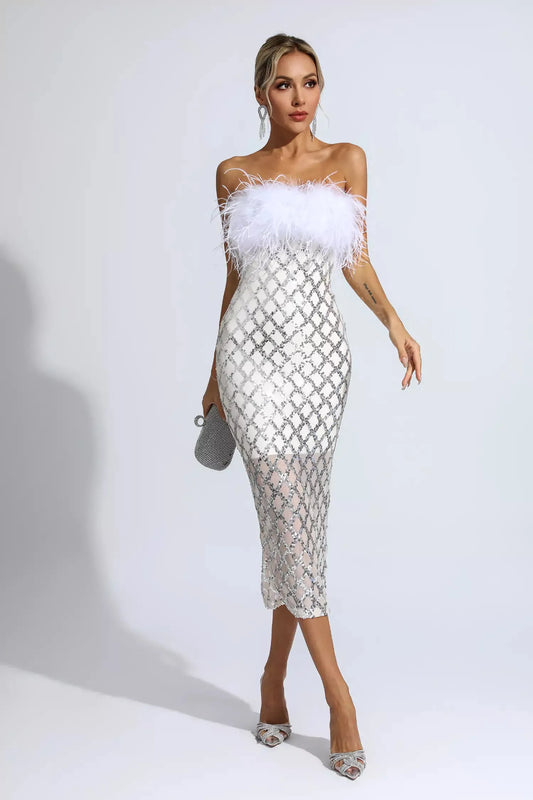 Kayleigh White Feather Sequin Midi Dress