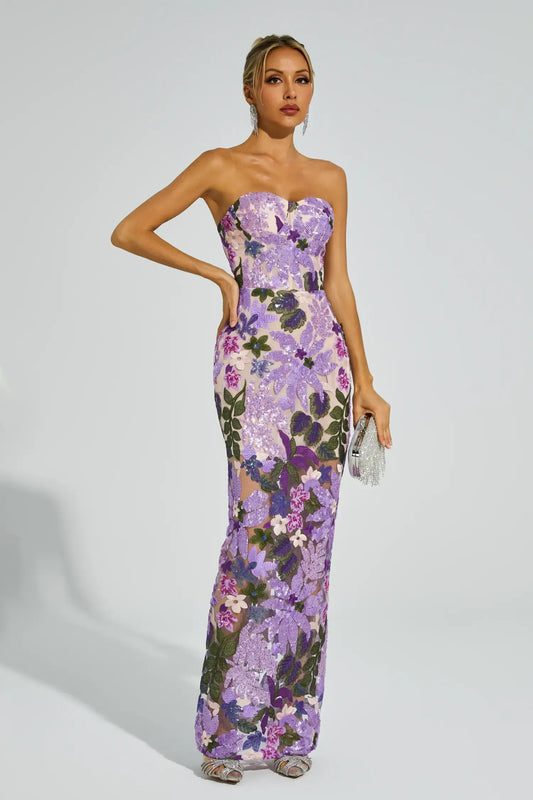 Kevin Purple Embroidered Sequins Maxi Dress