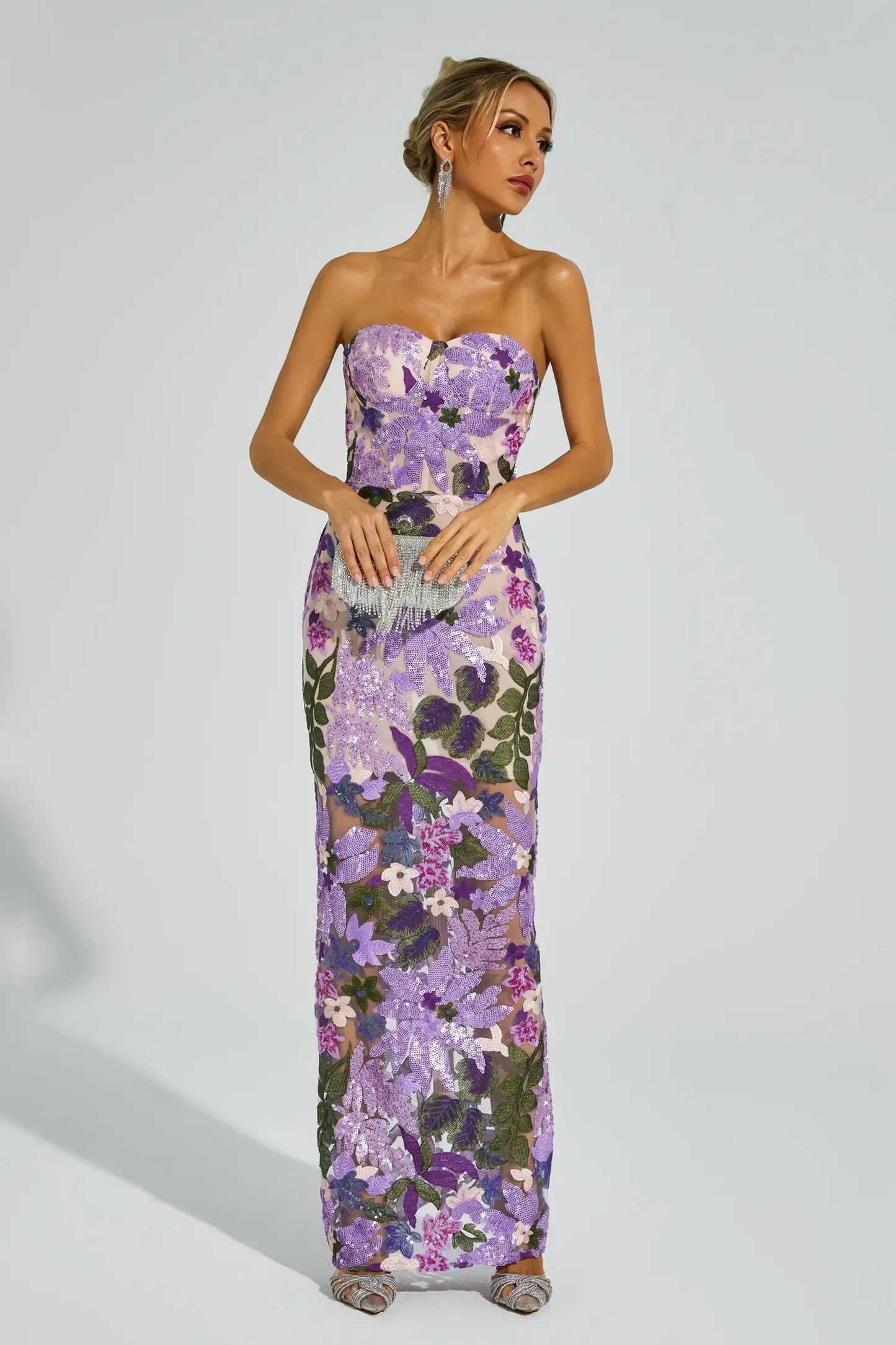 Kevin Purple Embroidered Sequins Maxi Dress