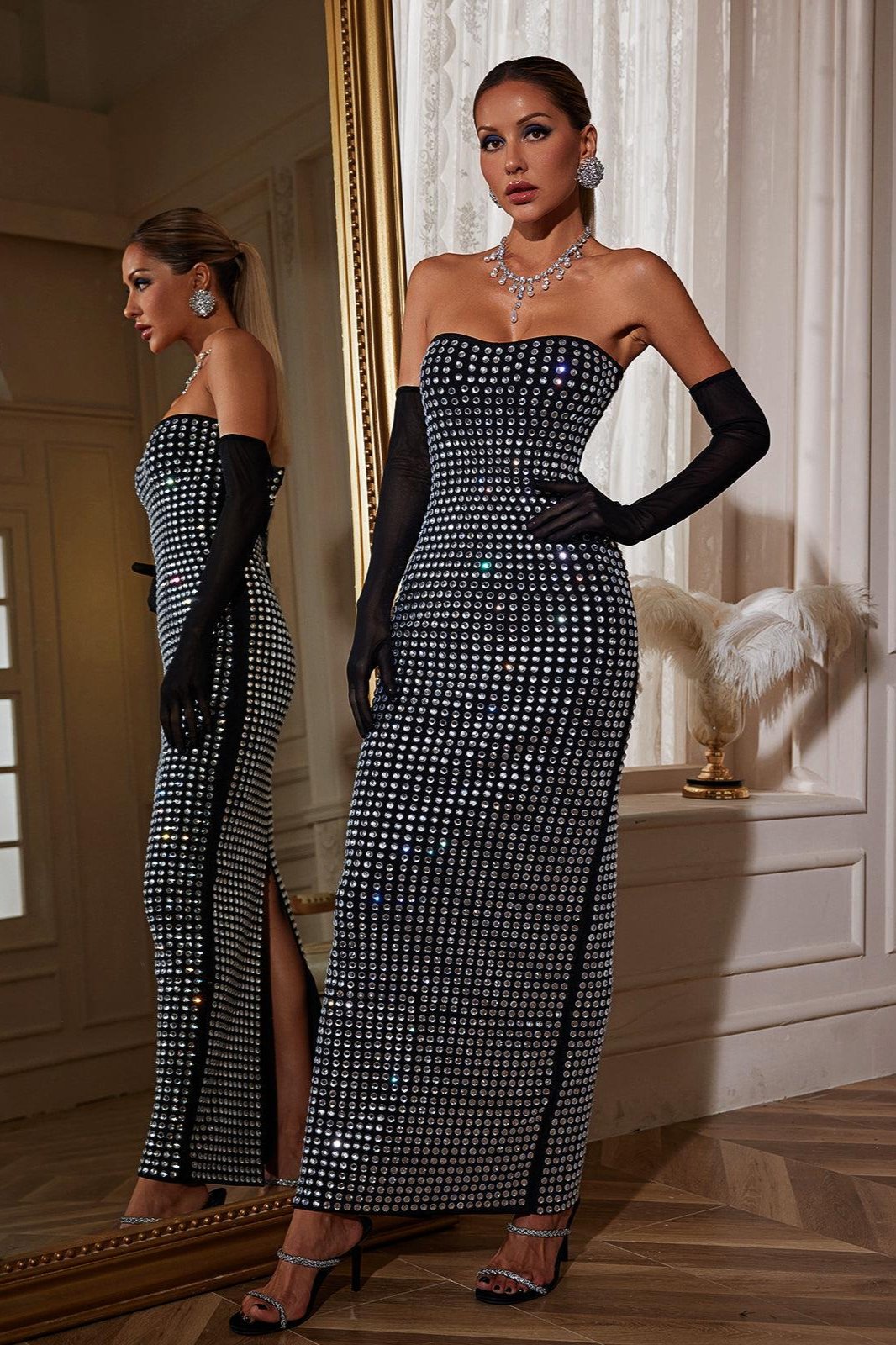 Khy Rhinestone Bandage Maxi Dress With Gloves