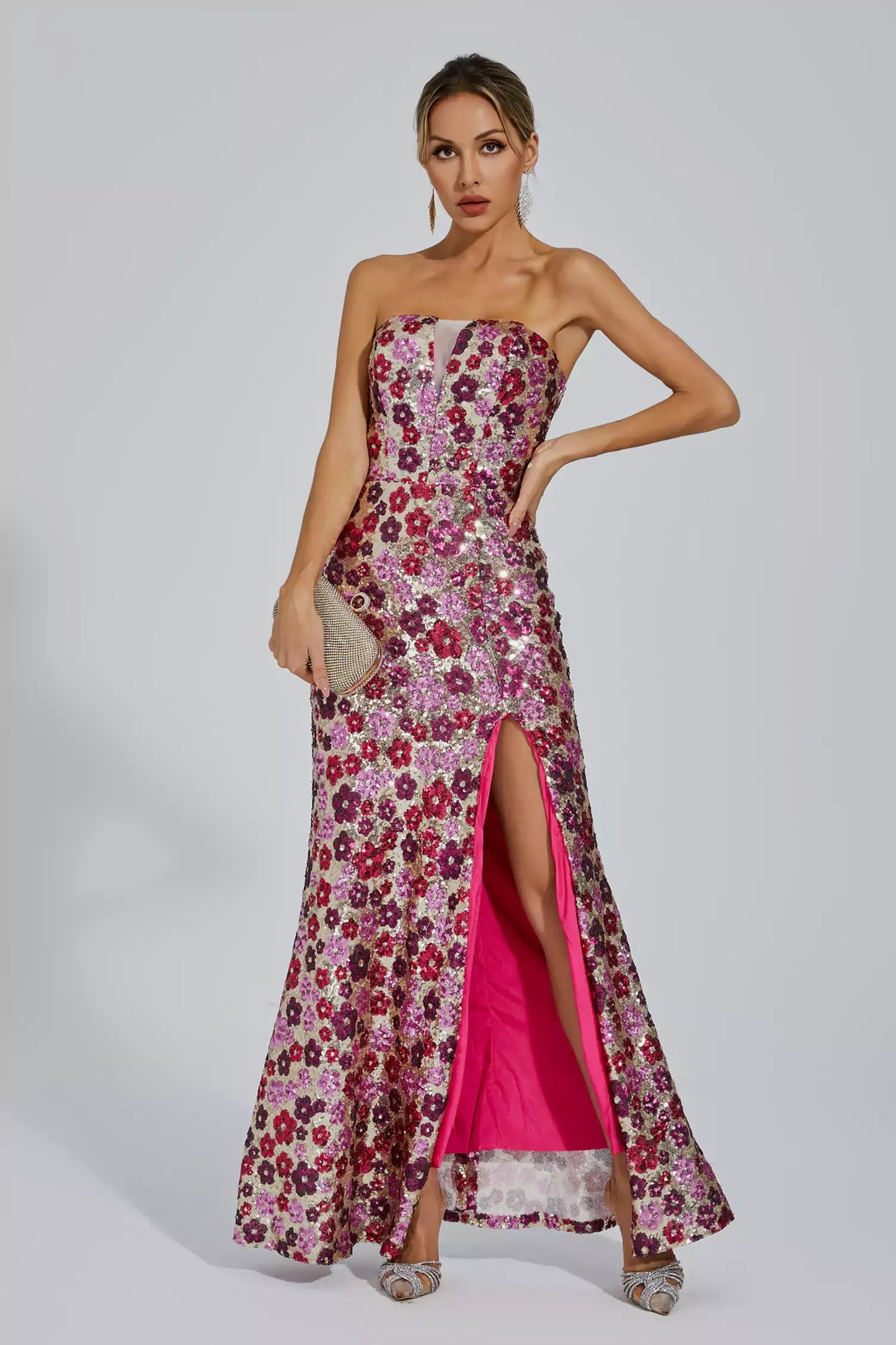 Kiera Pink Flower Sequin Maxi Dress