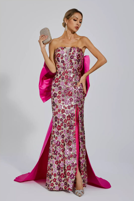 Kiera Pink Flower Sequin Maxi Dress