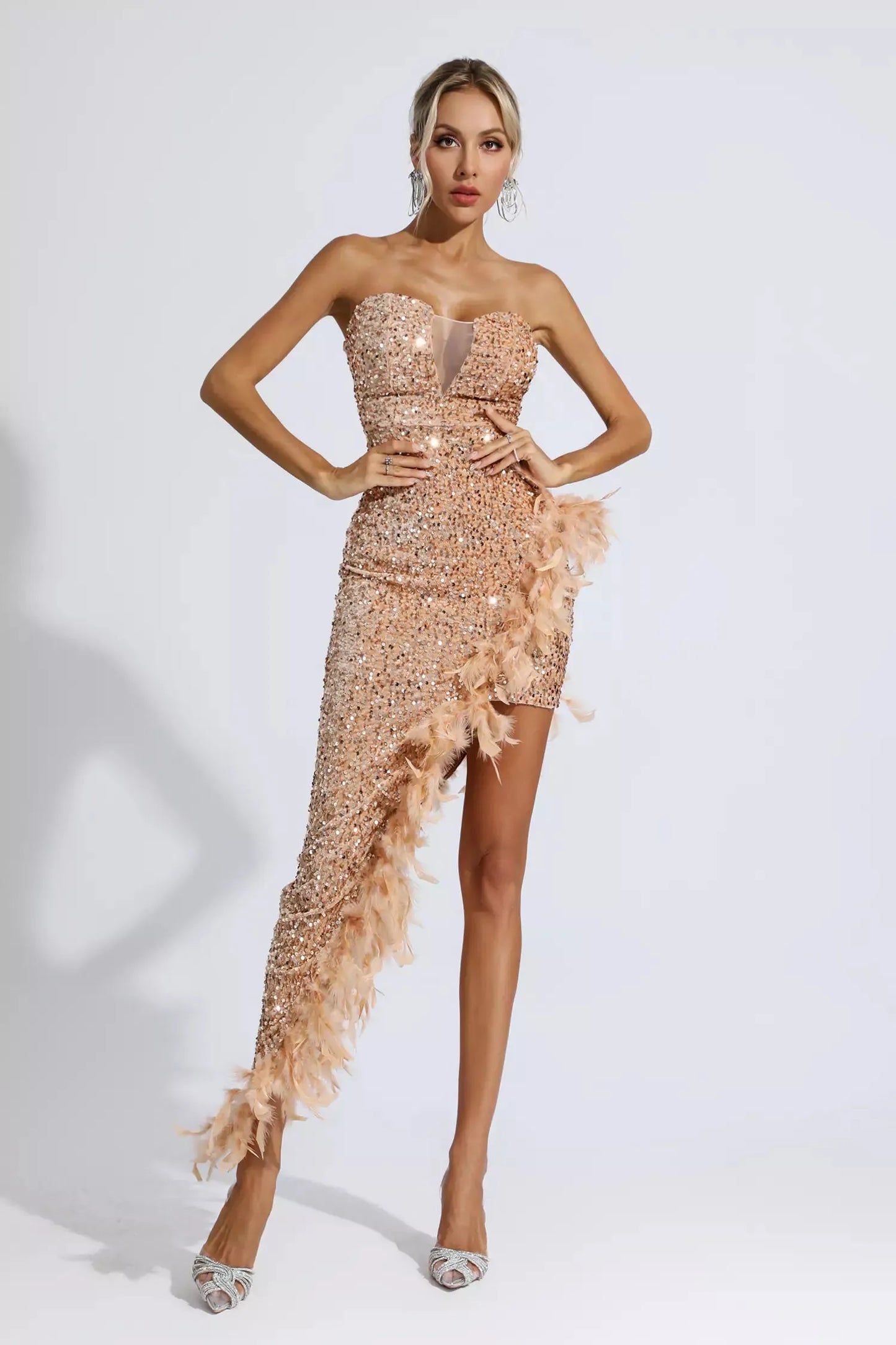 Kira Champagne Sequin Feather Maxi Dress