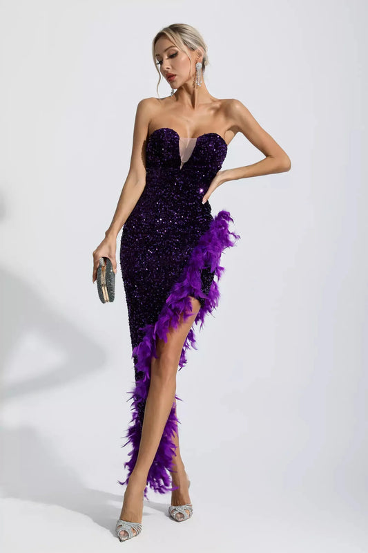 Kira Purple Sequin Feather Maxi Dress