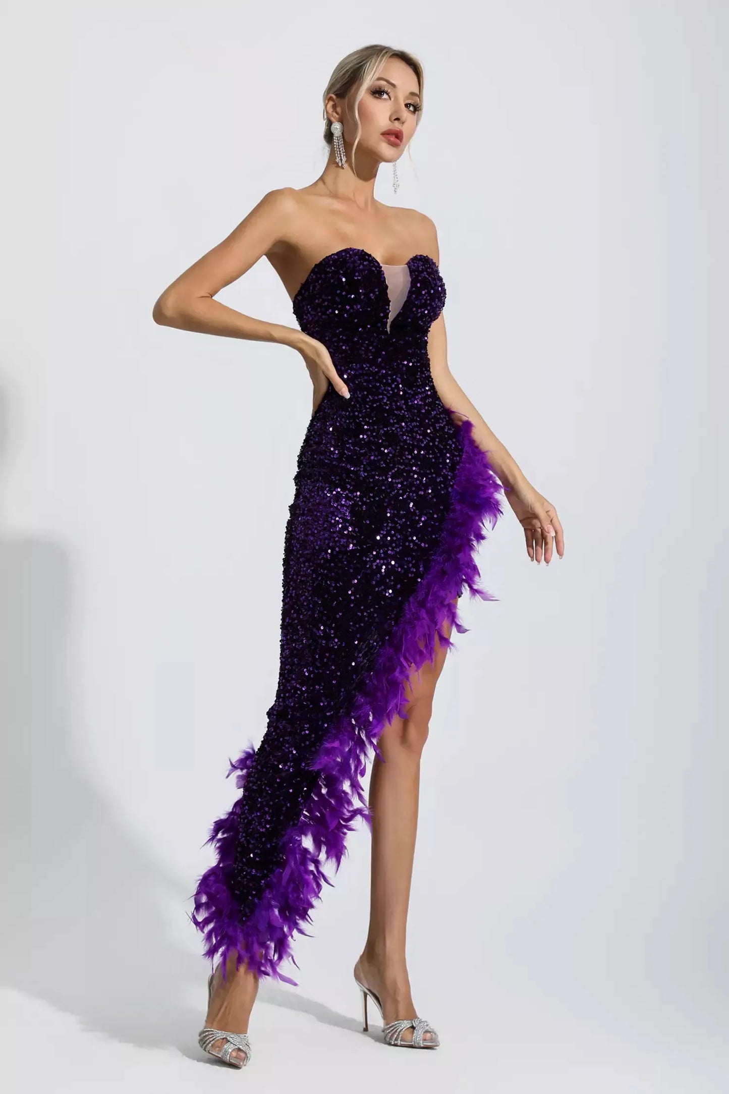 Kira Purple Sequin Feather Maxi Dress