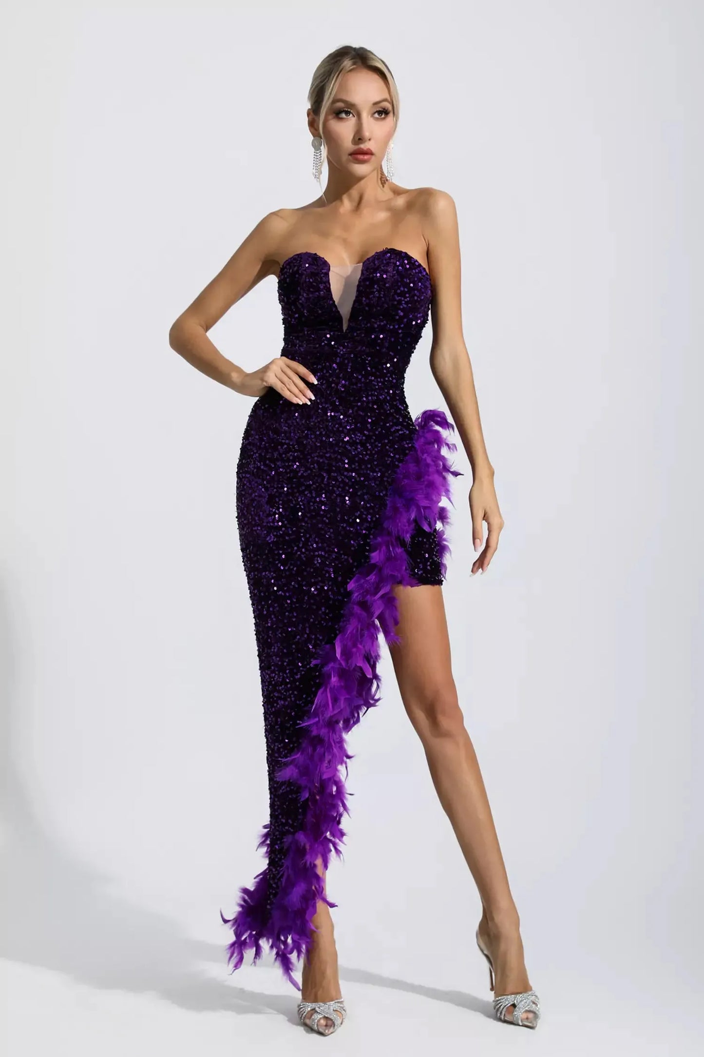 Kira Champagne Sequin Feather Maxi Dress