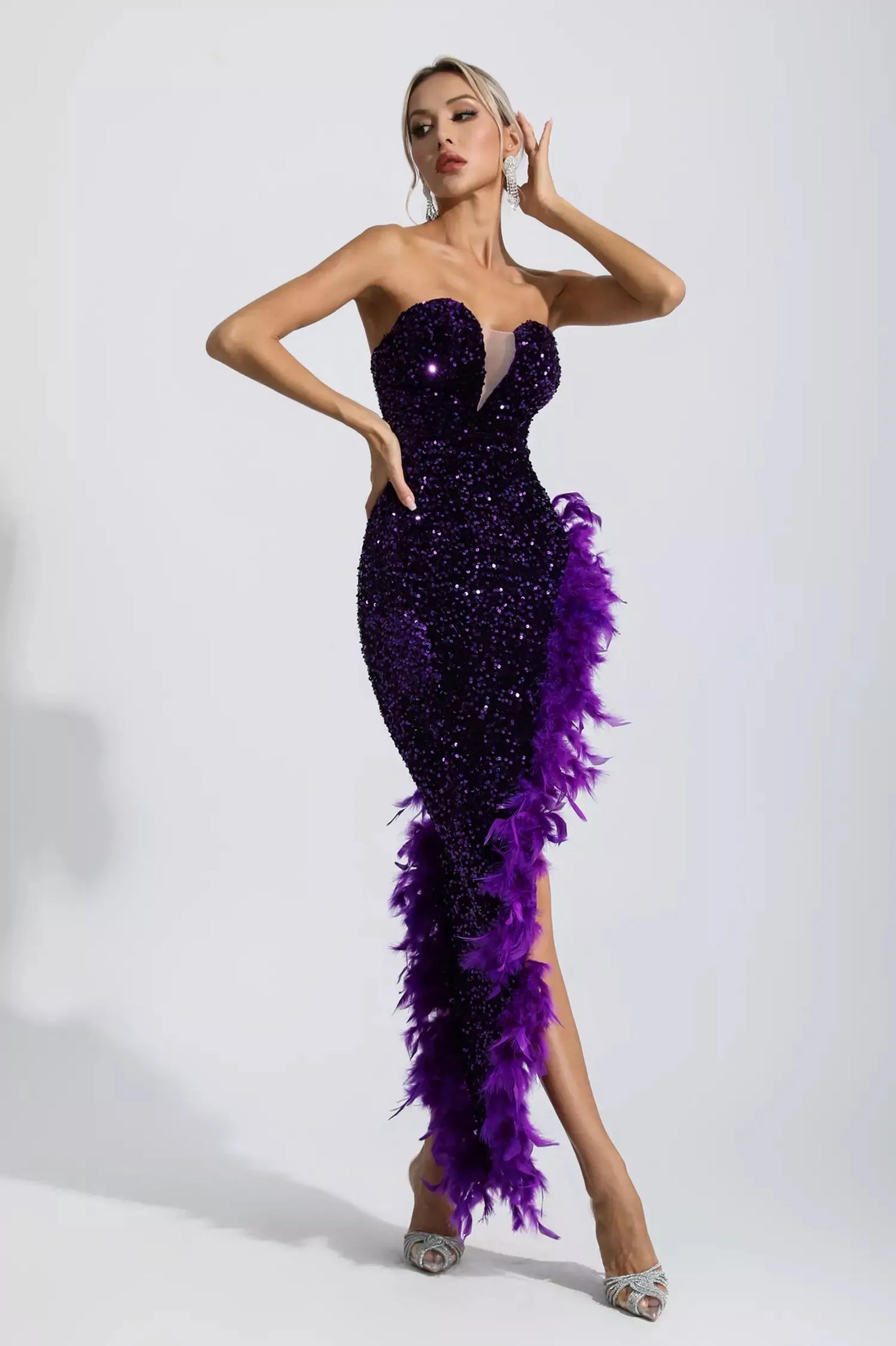 Kira Purple Sequin Feather Maxi Dress