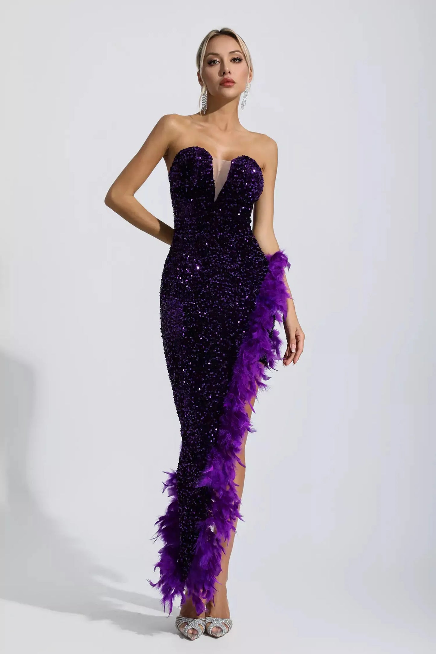 Kira Purple Sequin Feather Maxi Dress