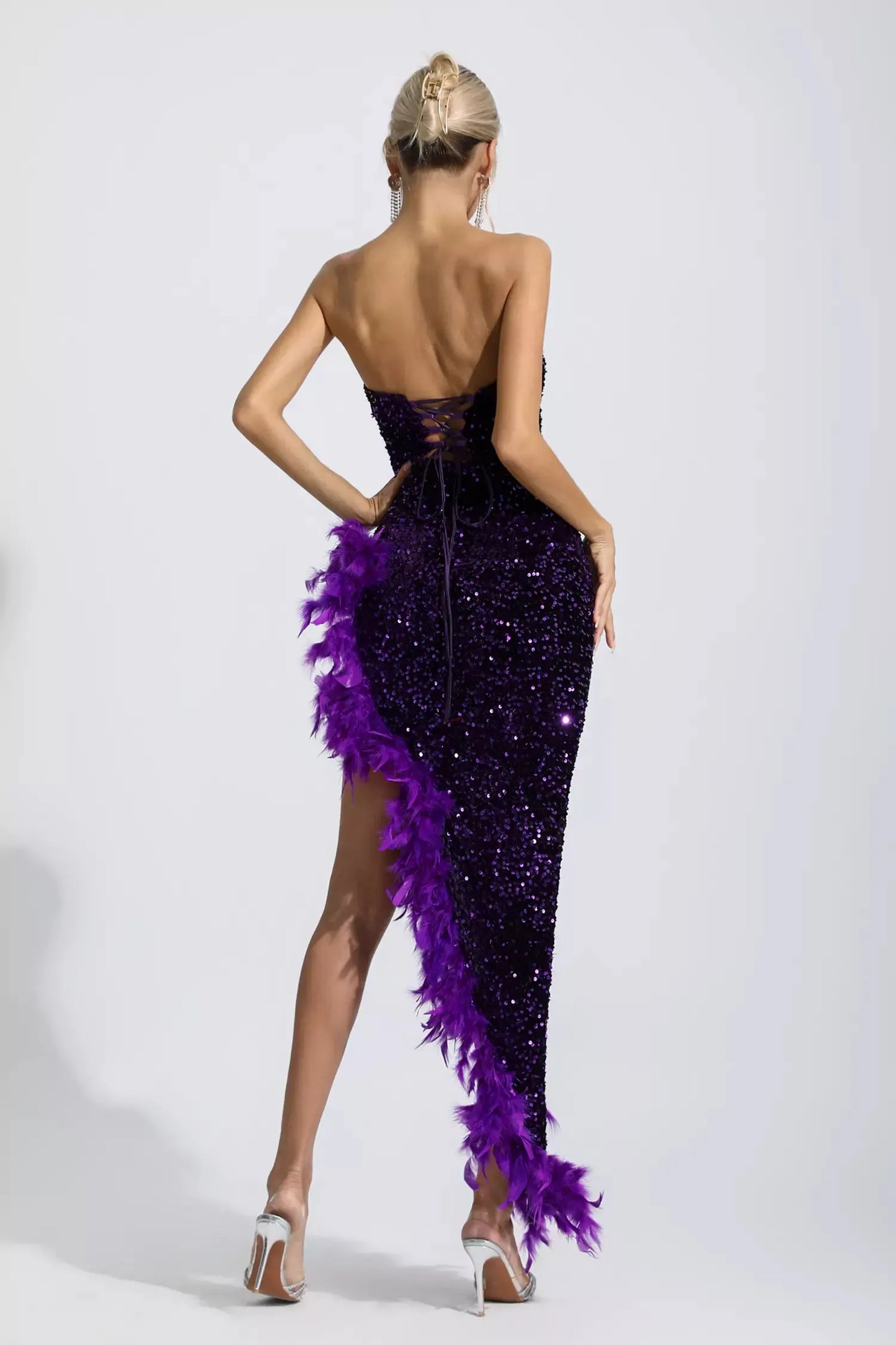 Kira Purple Sequin Feather Maxi Dress