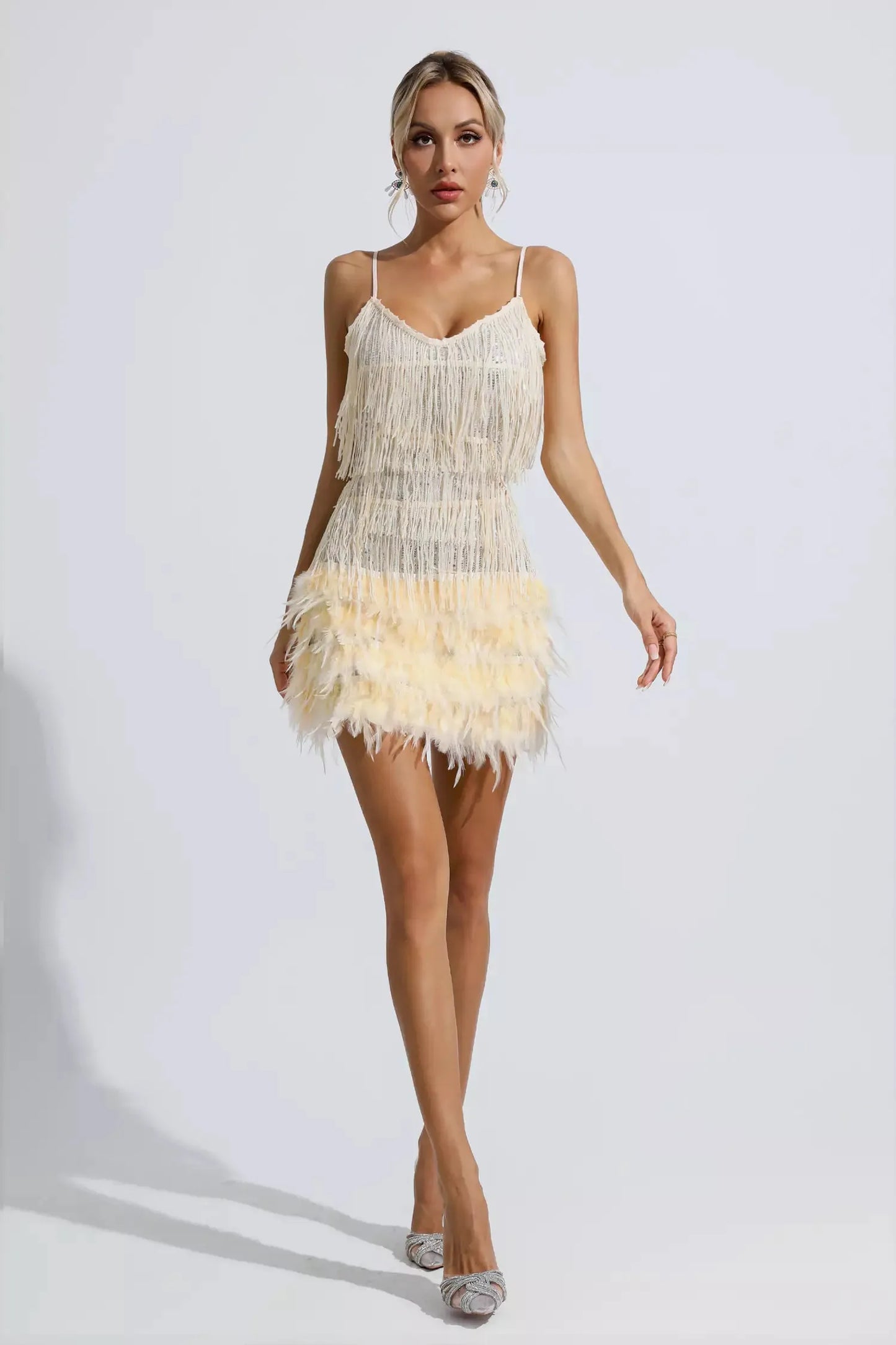 Lilliana Champagne Feather Tassel Sequin Mini Dress