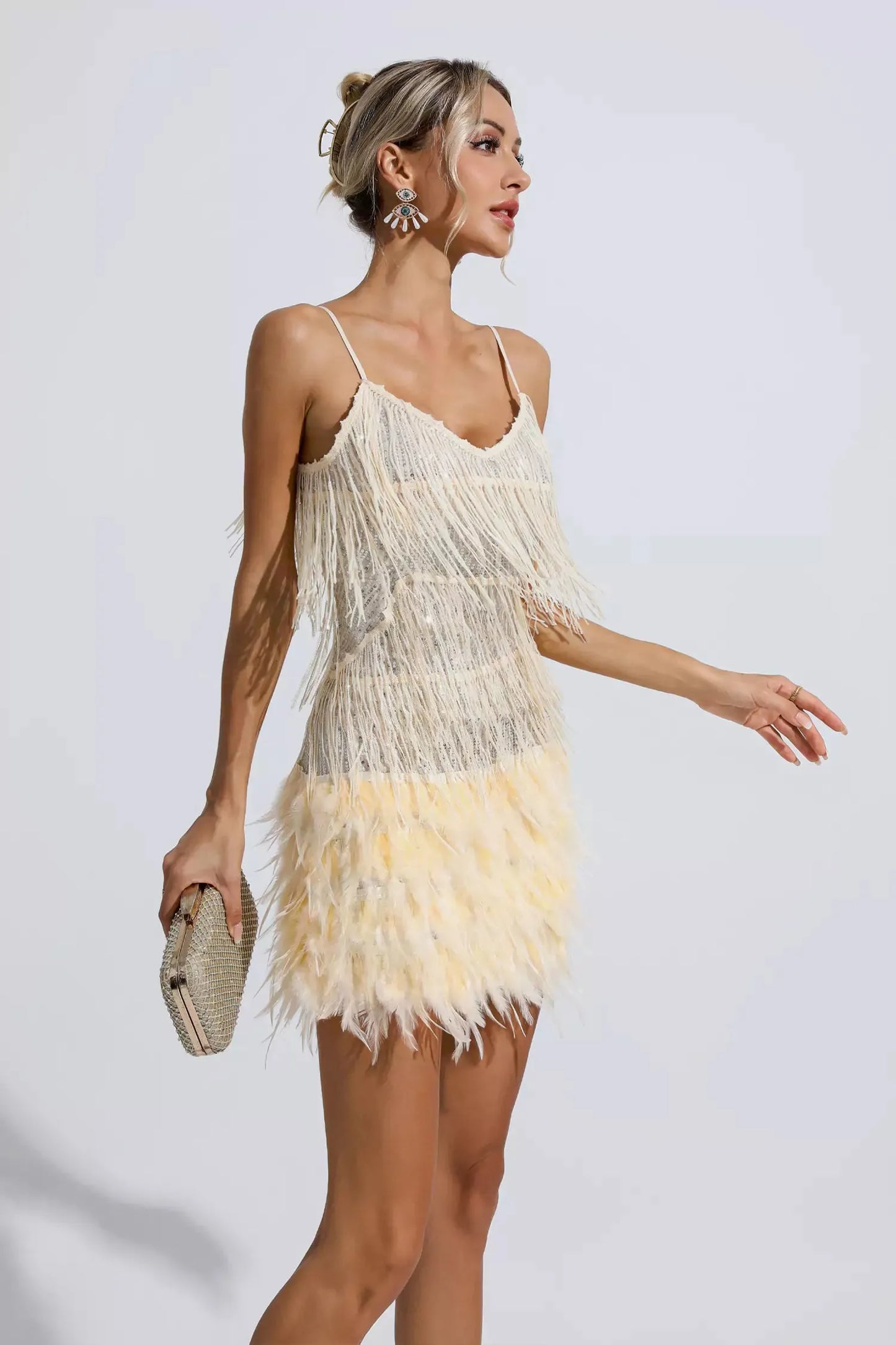 Lilliana Champagne Feather Tassel Sequin Mini Dress