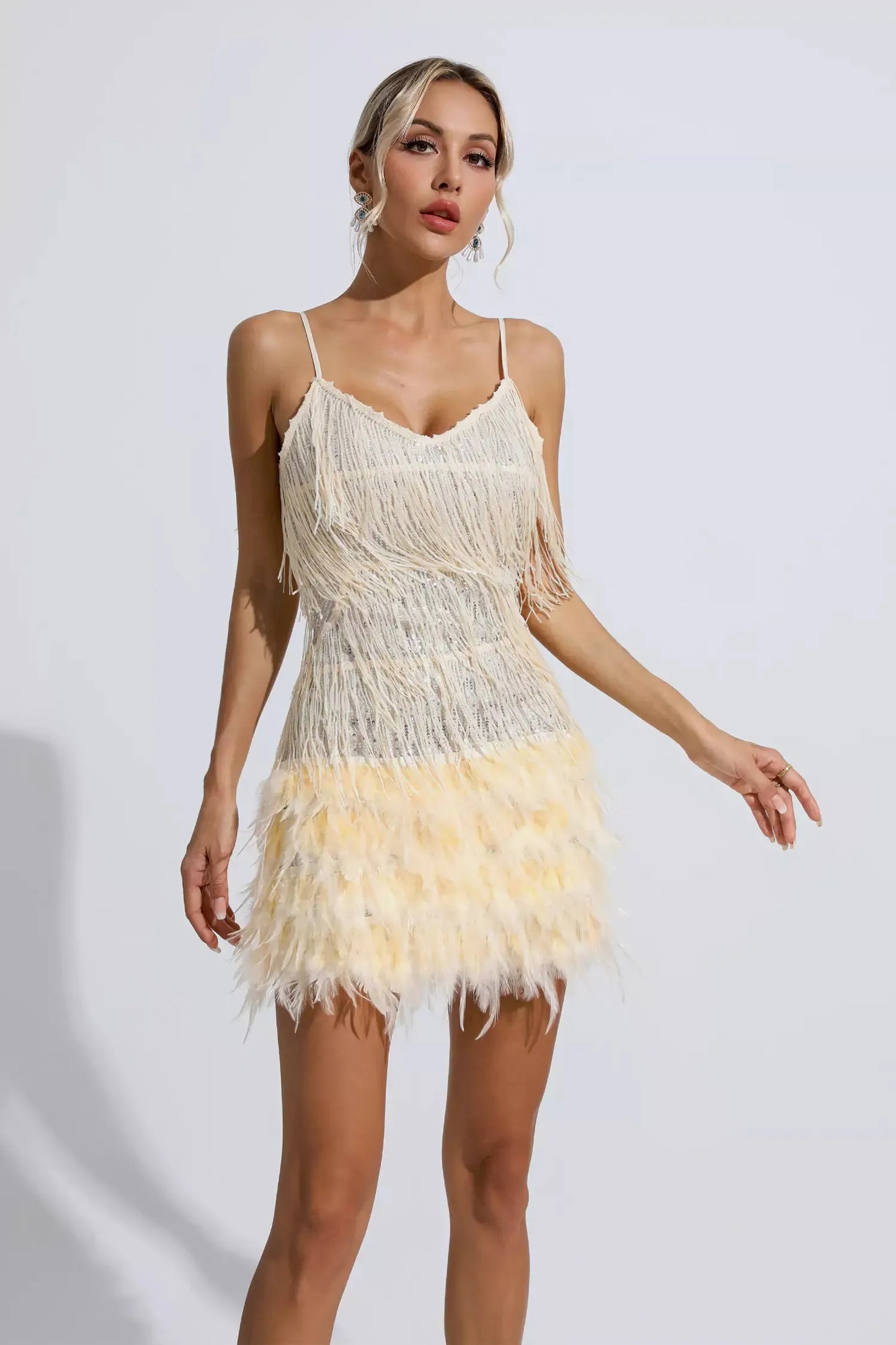 Lilliana Champagne Feather Tassel Sequin Mini Dress